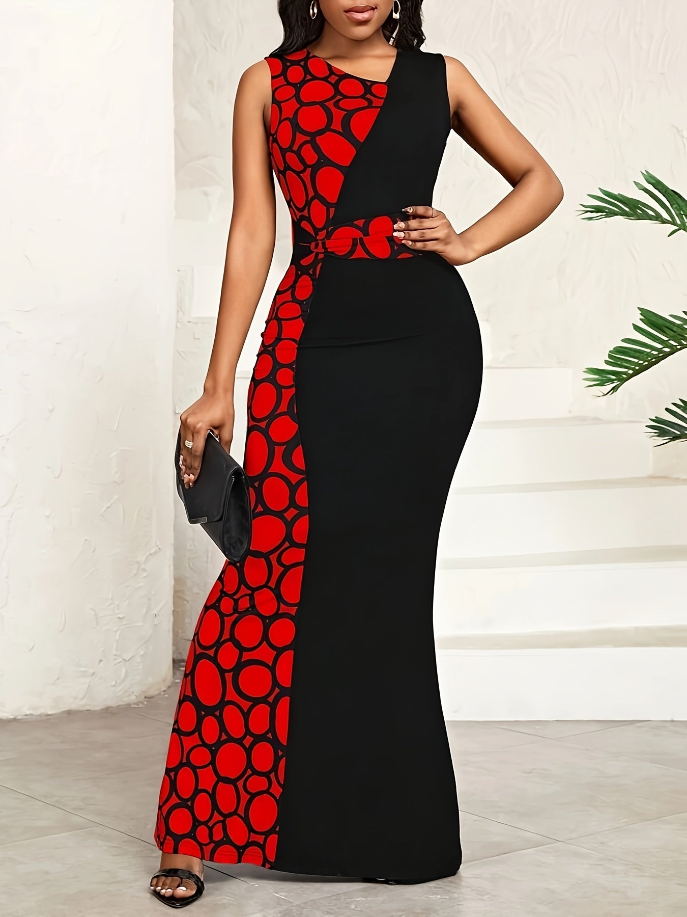 European and American Summer Festival Party Gathering Circle Print Patchwork Elegant Dress V-Neck Sleeveless Waist-Cinching Hip-Enhancing Mermaid Dress