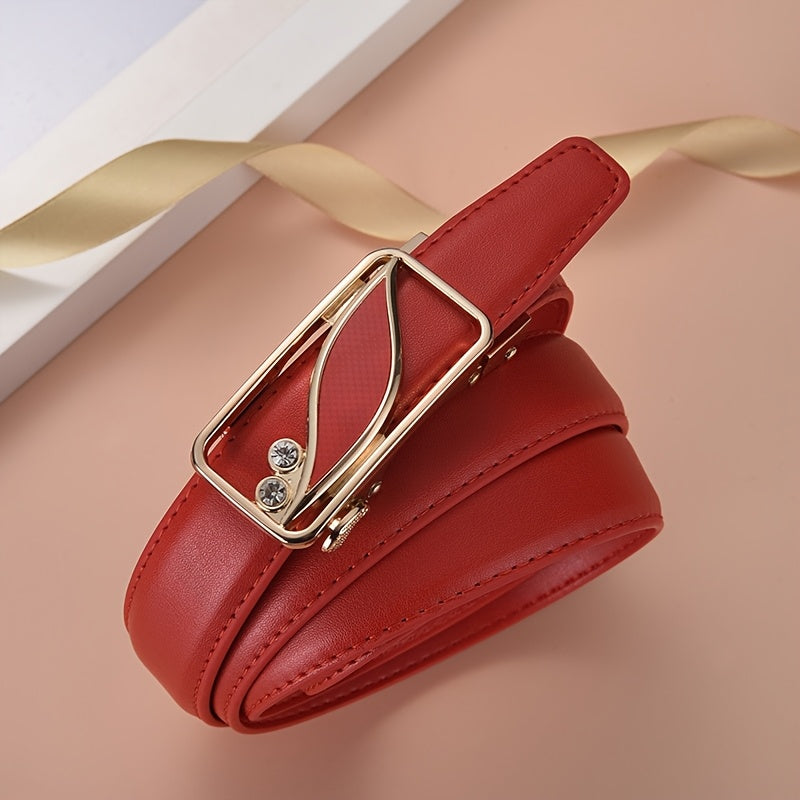 Ceintures pour femmes – Boucle automatique, design polyvalent sans trous, pour jeans et tenues décontractées, options rouge et noir, ceinture décontractée, design de boucle stylée, boucle dorée