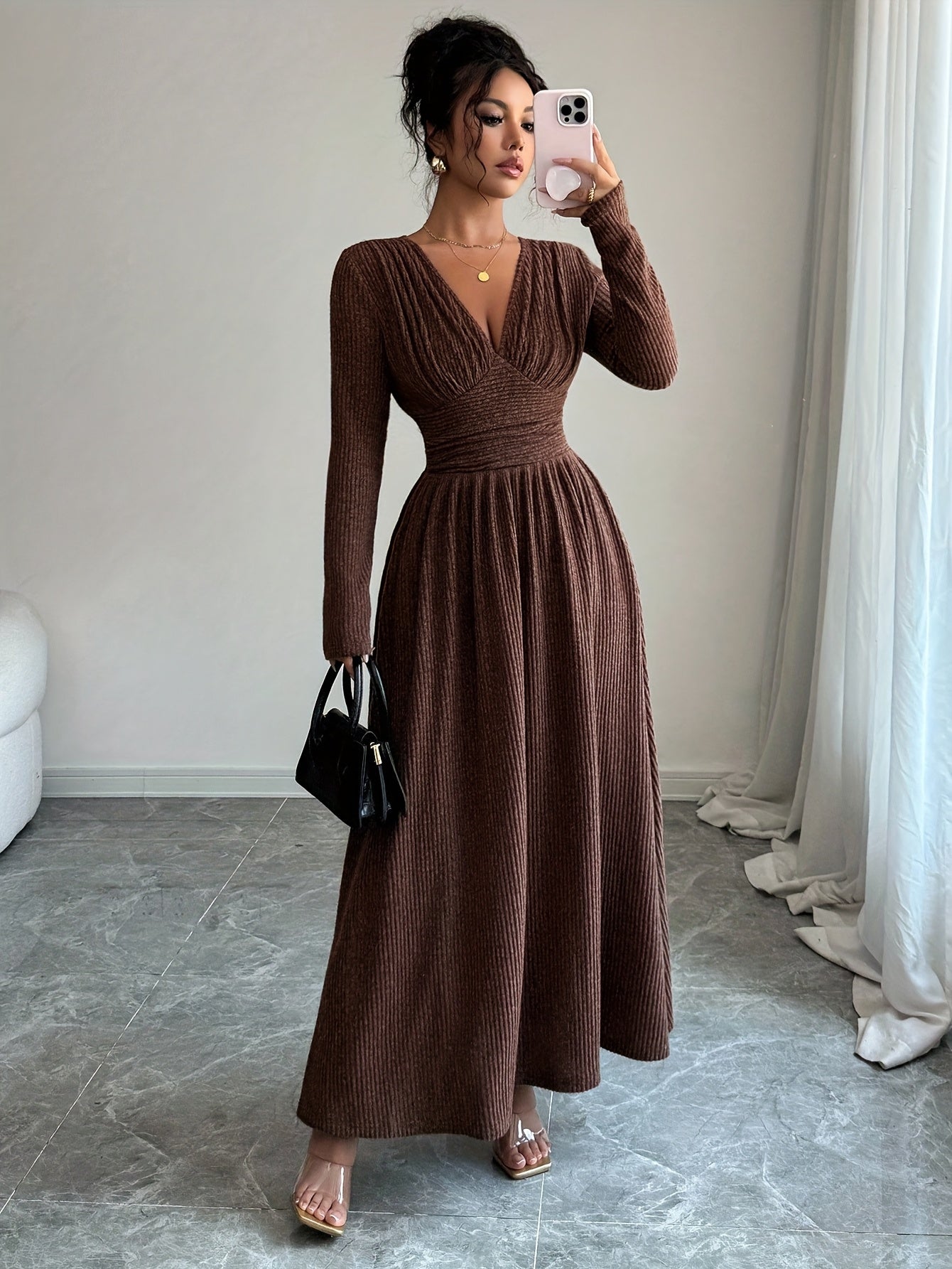 Robe Femme Élégante A-Line Maxi – Manches Longues, Col V, Robe Formelle et Quotidienne, Coupe Flatteuse pour Automne/Hiver, Bureau, Fête, Mariage, Tenues Quotidiennes, Robe Formelle et Décontractée, Port au Bureau, Ourlet à Volants, Look Stylé