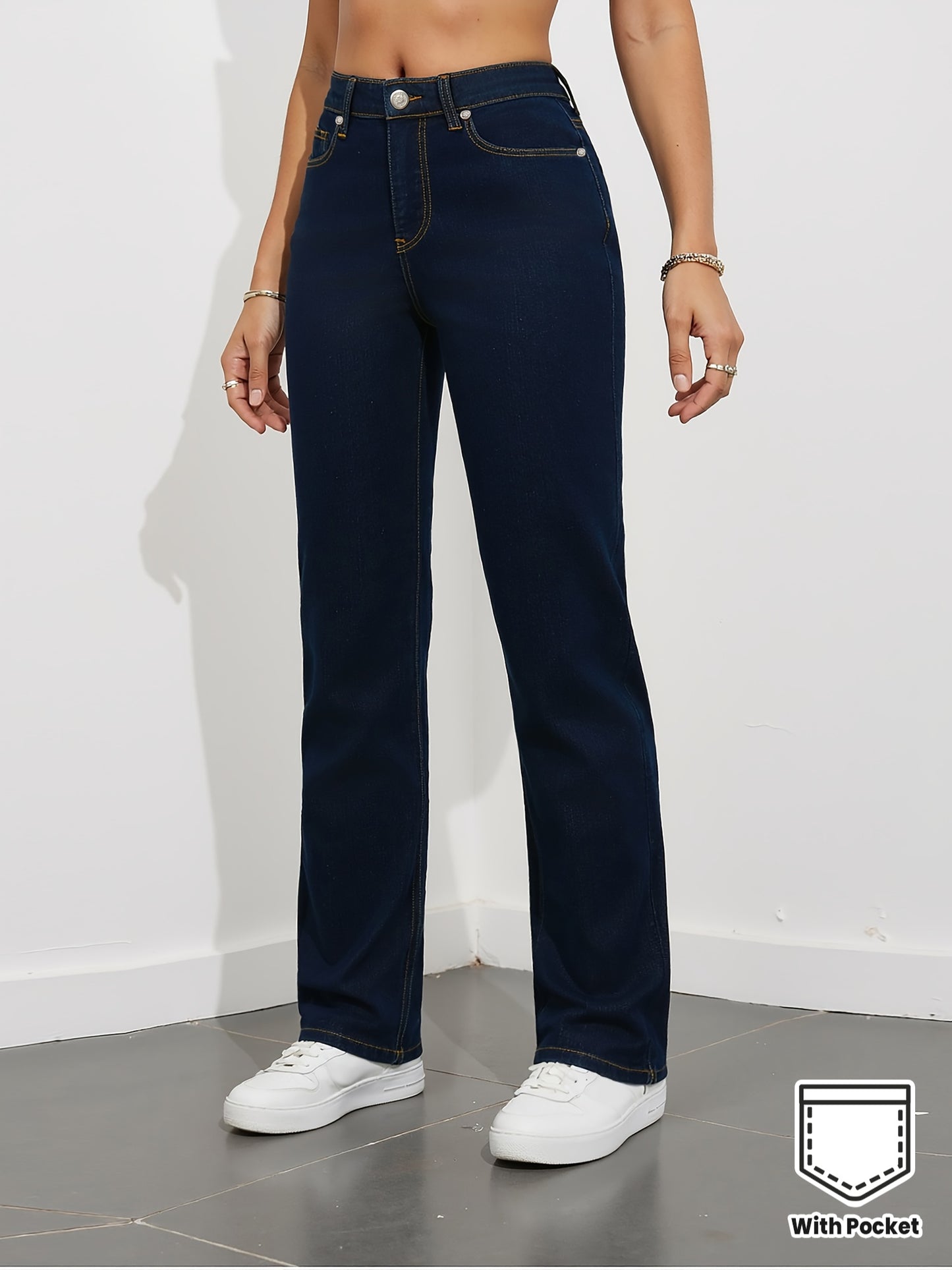 Pantalon élégant pour femme, taille haute, jambes larges - Bleu marine uni, coupe fuselée structurée, poche arrière en forme de cœur