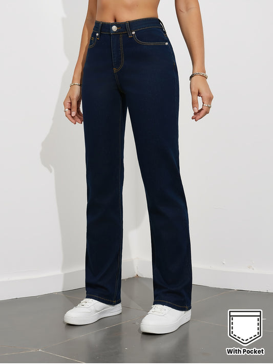 Pantalon élégant pour femme, taille haute, jambes larges - Bleu marine uni, coupe fuselée structurée, poche arrière en forme de cœur
