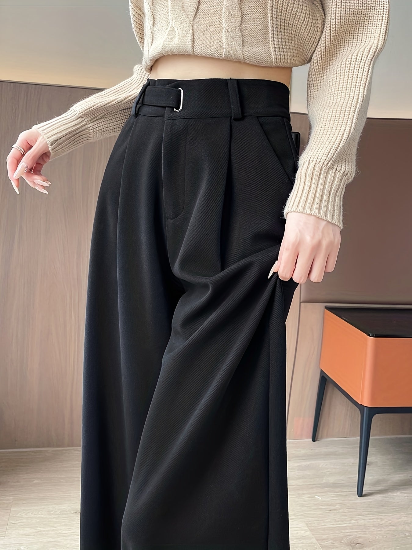 Pantalon Femme en Tweed – Gris, Taille Haute, Jambe Droite, Automne/Hiver, Sans Ceinture