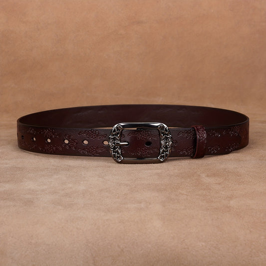 Ceinture vintage embossée pour femmes – Fermeture à boucle large, texture élégante imitation cuir marron
