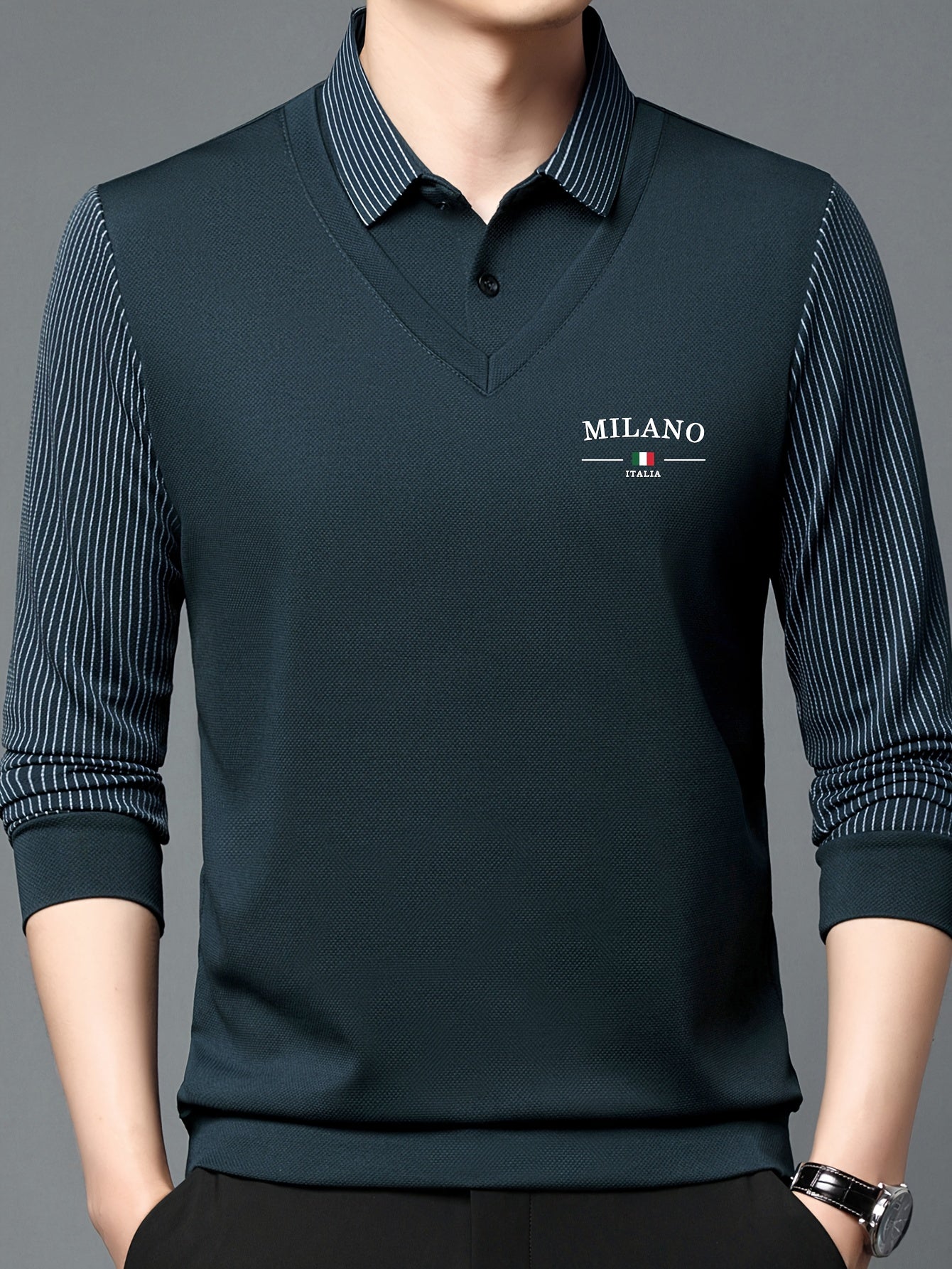 Men's All-Season Long Sleeve Shirt - Dark Green with White Contrast Collar &, Italian-Inspired Logo (Milano Italy Flag), Button-Front Placket, Casual to Smart-Casual Wear, Versatile for, Office & Everyday - Regular Fit