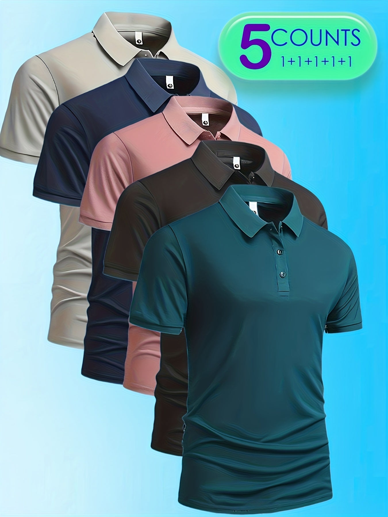 5pcs Men'S Polo Shirts - Elegant Solid Color, High-Quality Fabric, Short Sleeve, Button-Up Collar, Regular Fit, All-Season Wear for Business, Travel, Work, Dates, Home & Golf, Golf Attire | Stylish Polo Set | Durable Fabric