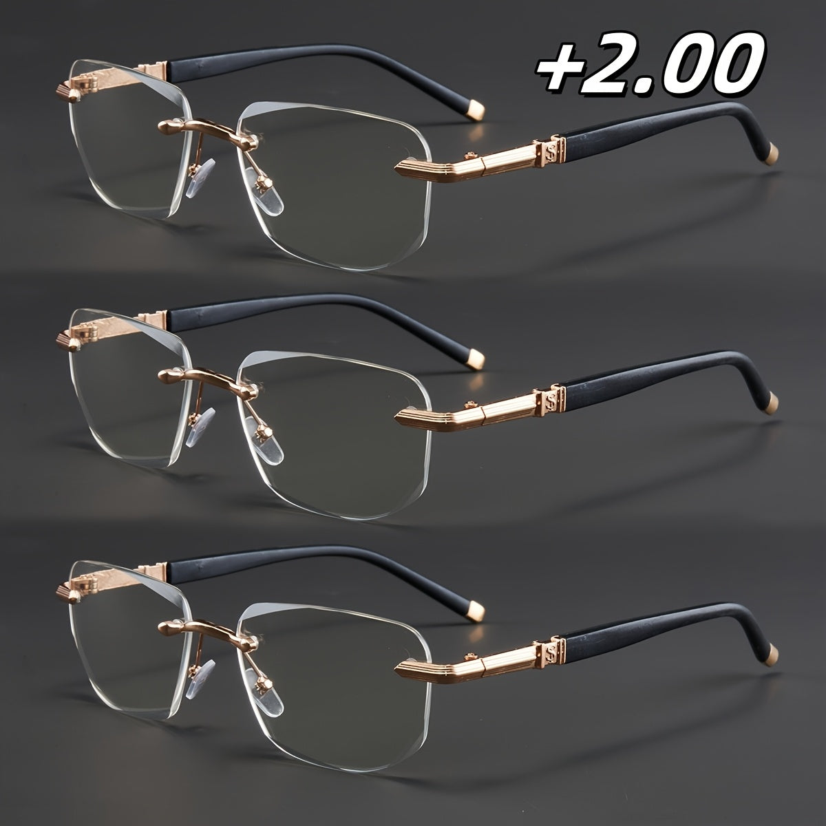3-Pack, Stylish Men's Frameless Reading Glasses, Elegant Metal Frame, Options: 100, 150, 200, 250, 300, 350, 400 Degrees,christmas Gifts