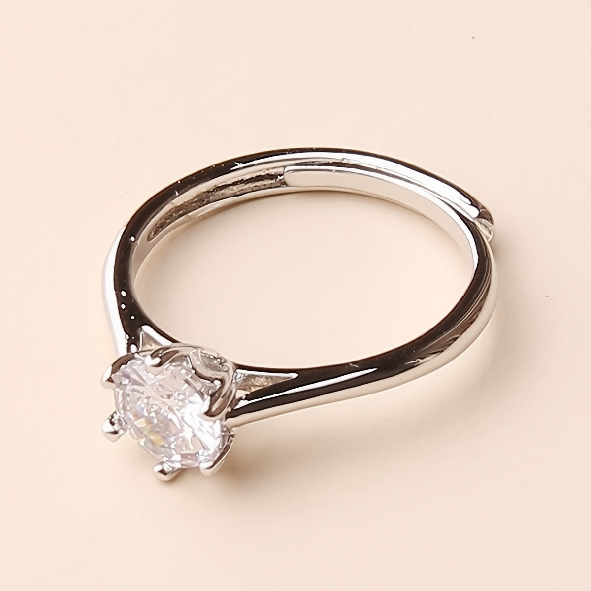 1pc Japanese & Korean Fashion Copper Ring with Six-Prong Setting - Adjustable Unisex Minimalist Design, White Golden Plated Synthetic Zirconia, Perfect for Daily Wear, Parties, Christmas & Halloween Gifts, Party Accessory, Mo