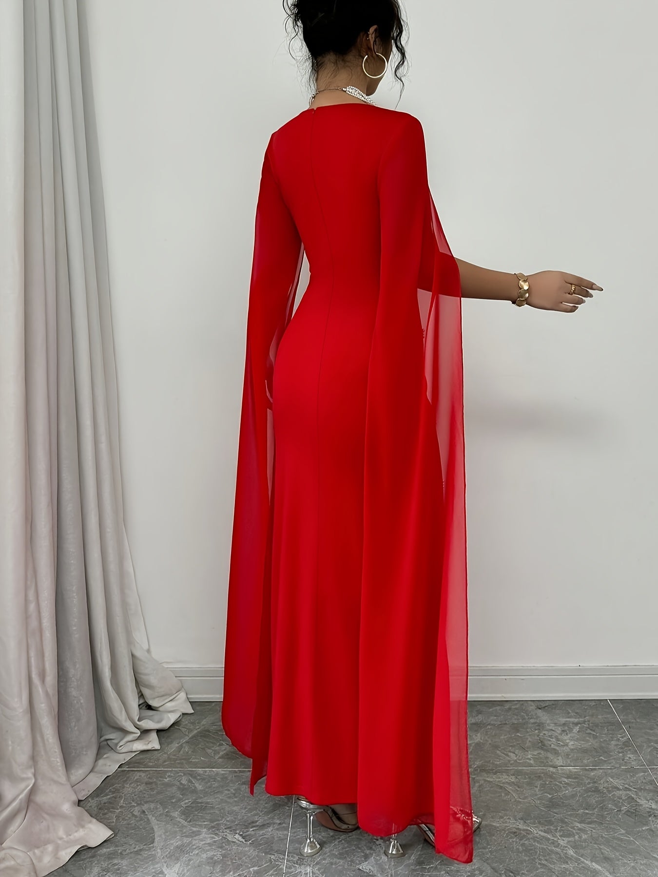 Elegant Everyday Party Fitted Shawl Collar Chiffon Sheer Stretchy Red Women'S Dress - Long Mermaid Gown for Spring And Summer