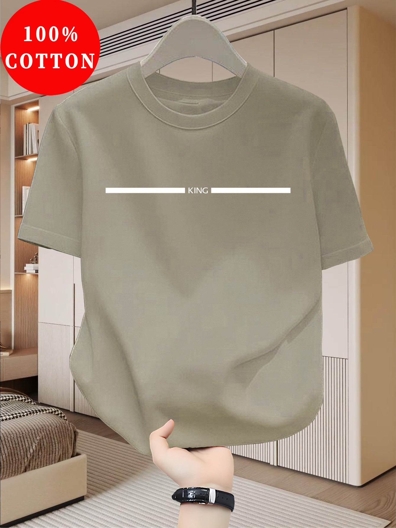 Men's 100% Cotton T-Shirt Slim Fit Short Sleeve - Minimalist Korean Text Print (Hangul: "king") Round Neck Summer Casual Shirt, Breathable Korean-Inspired Casual Attire, Hand Washable 100% Cotton Tee