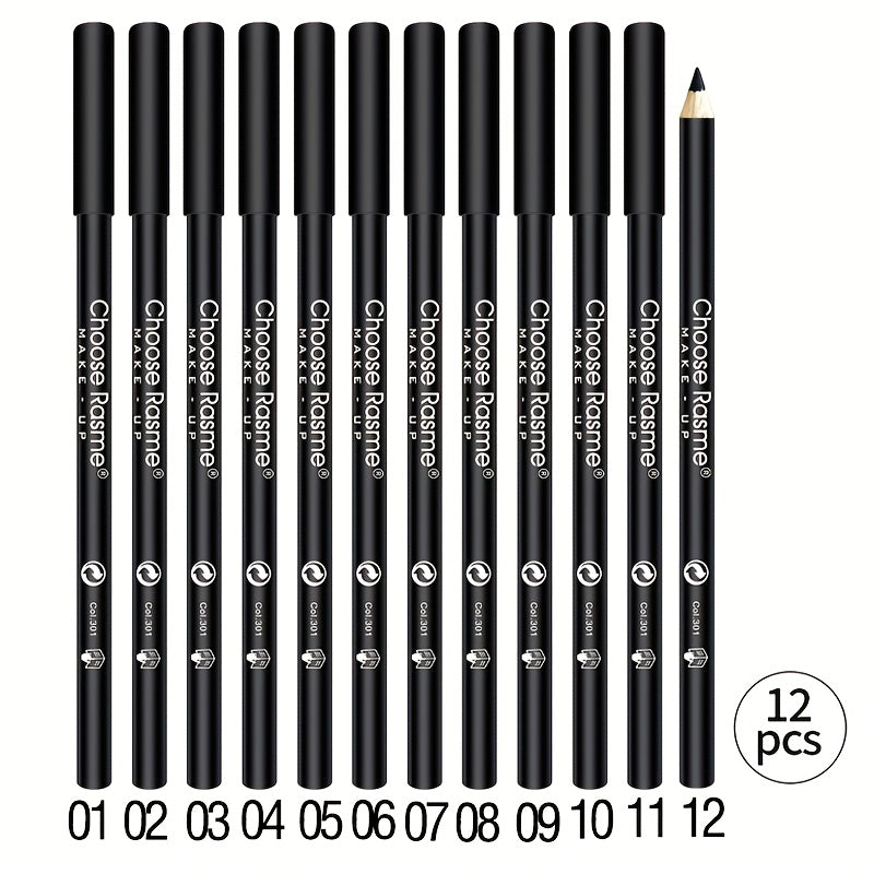 12pcs Long-Lasting Smudge-Proof Black Eyeliner Pencil Set, Waterproof Eye Makeup Pencils, Intense Pigment, Easy Glide Formula