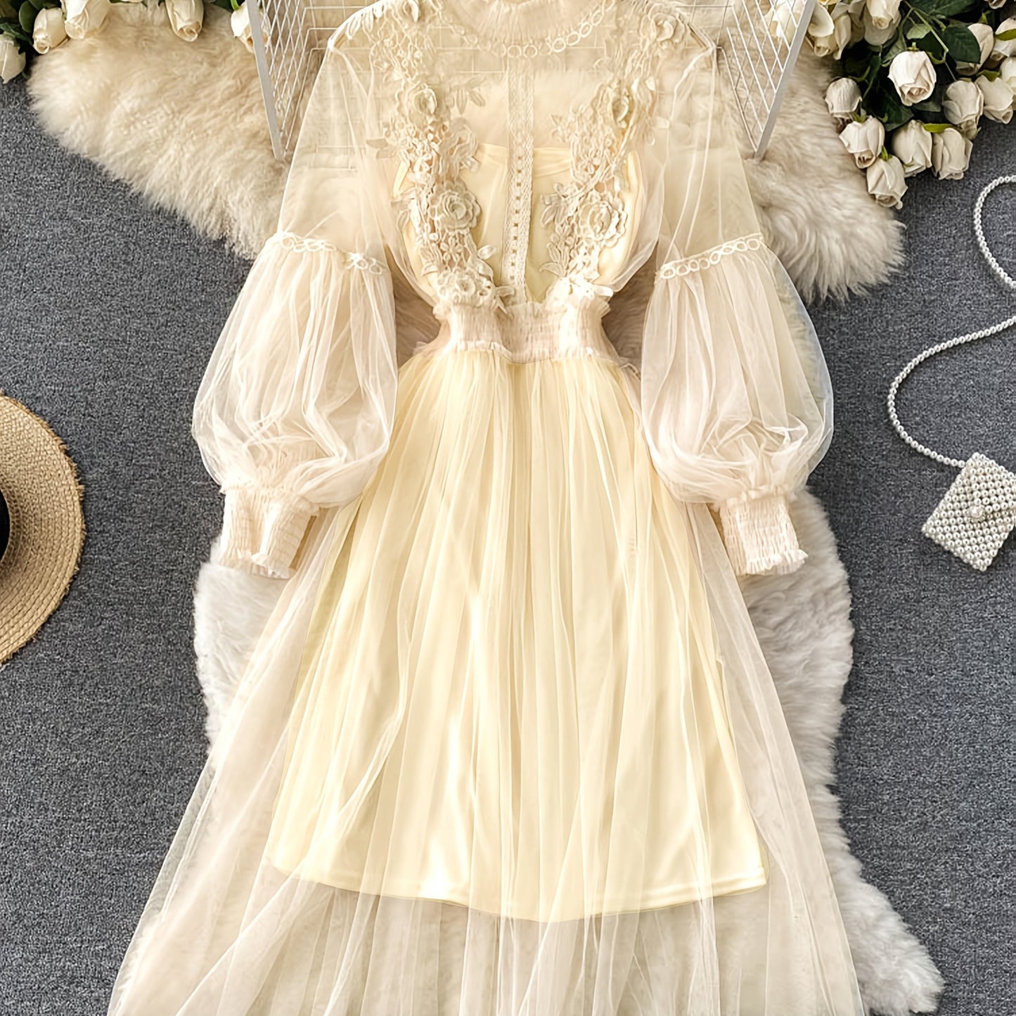 Ensemble Robe Élégante Femme – Blouse Transparente Brodée Florale avec Manches Lanternes, Jupe Longue Fluide, Débardeur en Dentelle, Idéal Printemps/Été/Automne, Cadeau Luxueux pour Femme