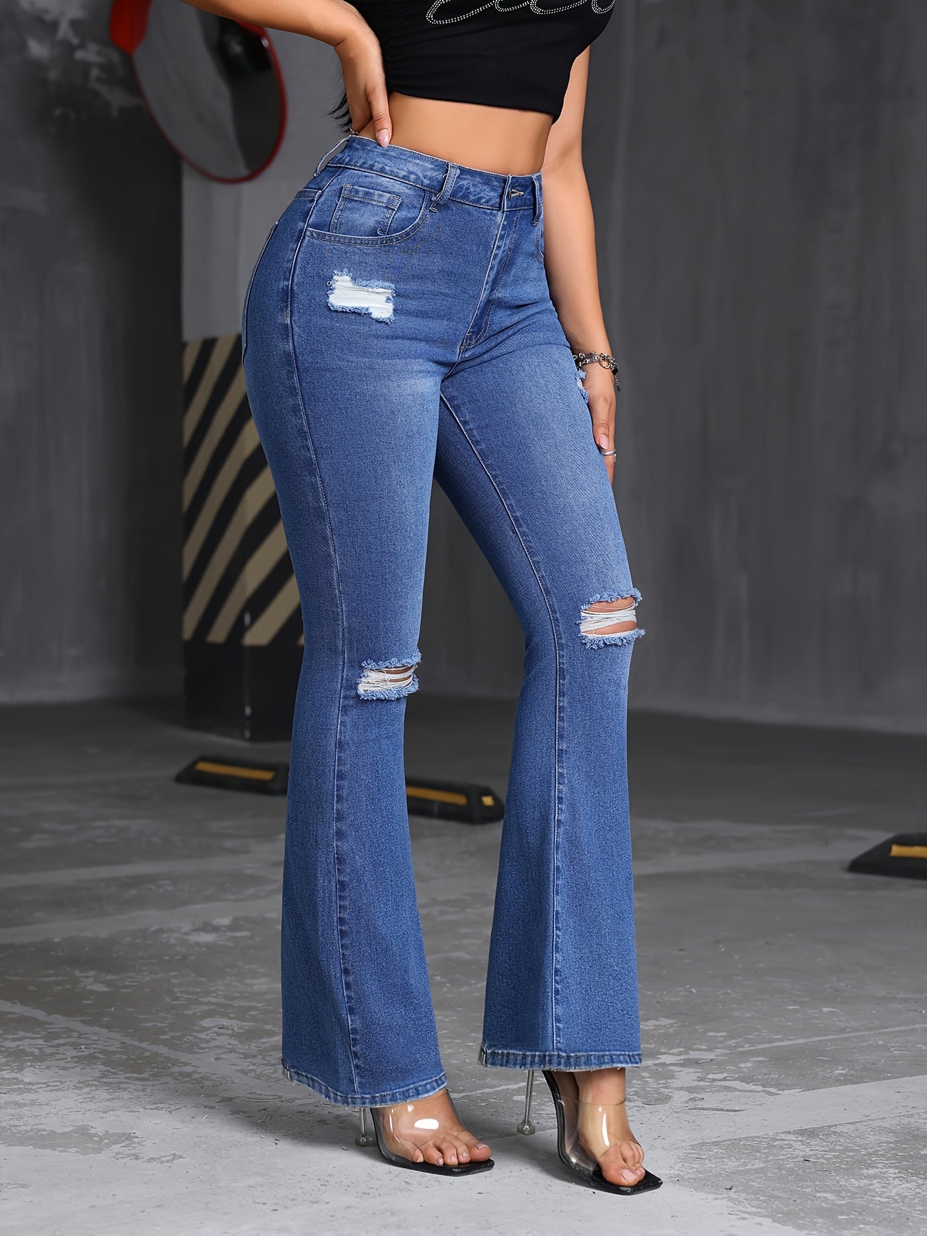 Jeans Femme Évasé Extensible Effet Déchiré Décontracté Style Bell-Bottom