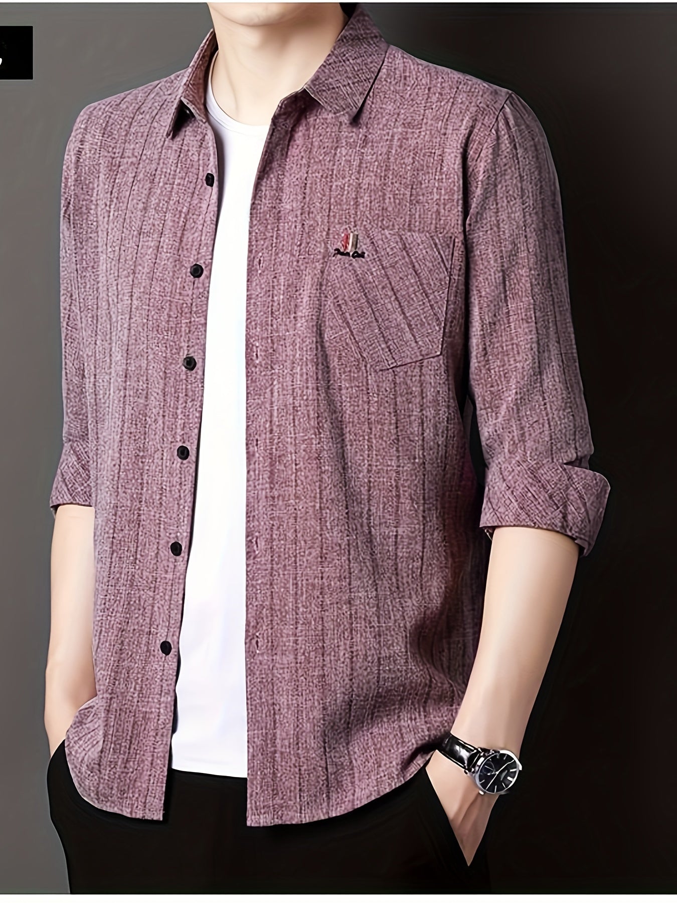 Men'S Striped Shirt with a Chest Pocket, Casual Long-Sleeve Shirt with a Collar.