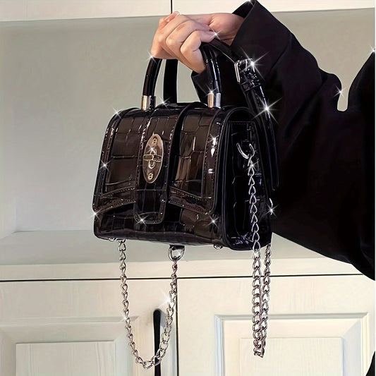Sac à main effet crocodile brillant pour femme, bandoulière chaîne amovible, fermeture dorée, petit sac à main léger et durable, noir