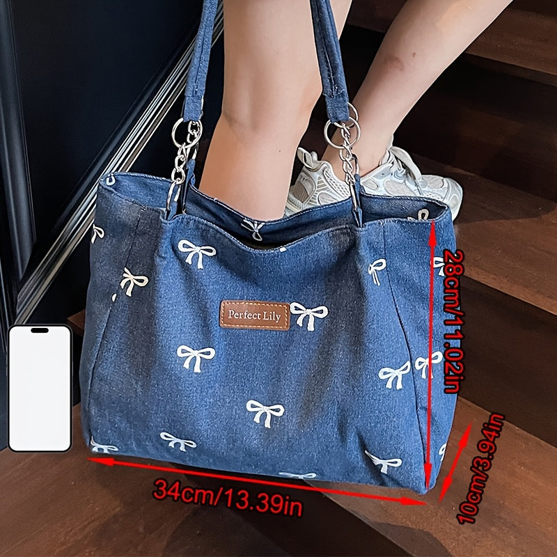 Sac Cabas Femme– Bandoulière Chaîne Fixe, Broderie Nœud, Fermeture Zippée Durable, Idéal Quotidien, Shopping et Sorties – Bleu Clair / Bleu Foncé, Idée Cadeau Élégante
