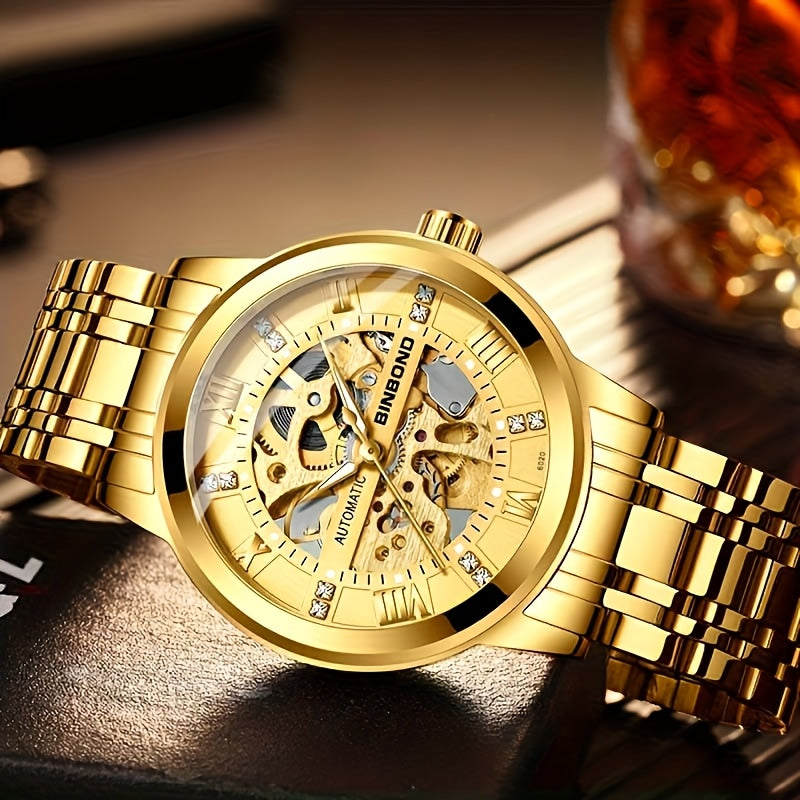 Stylish Men'S Fashion Casual Hollow Out Movement Mechanical Watch Waterproof Luminous Automatic Mechanical Watch, Without Battery