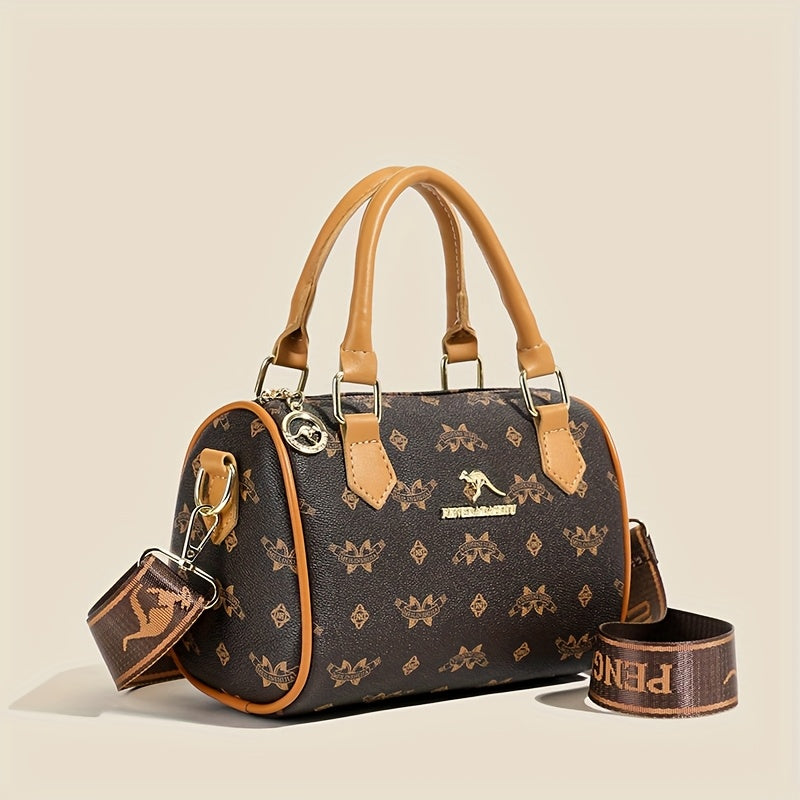 Sac vintage géométrique – sac élégant bicolore marron et blanc, bandoulière réglable, fermeture éclair, design rétro chic