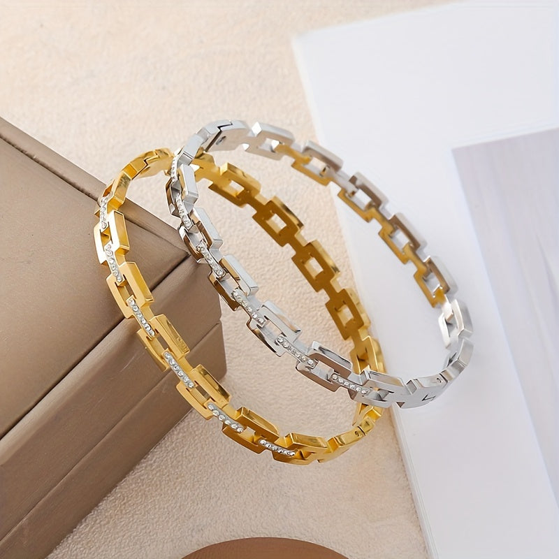 Bracelet jonc élégant Infinity – plaqué or 18K, acier inoxydable orné de strass, design classique à maillons carrés avec pierres scintillantes, parfait comme cadeau, accessoire quotidien, style classique et durable