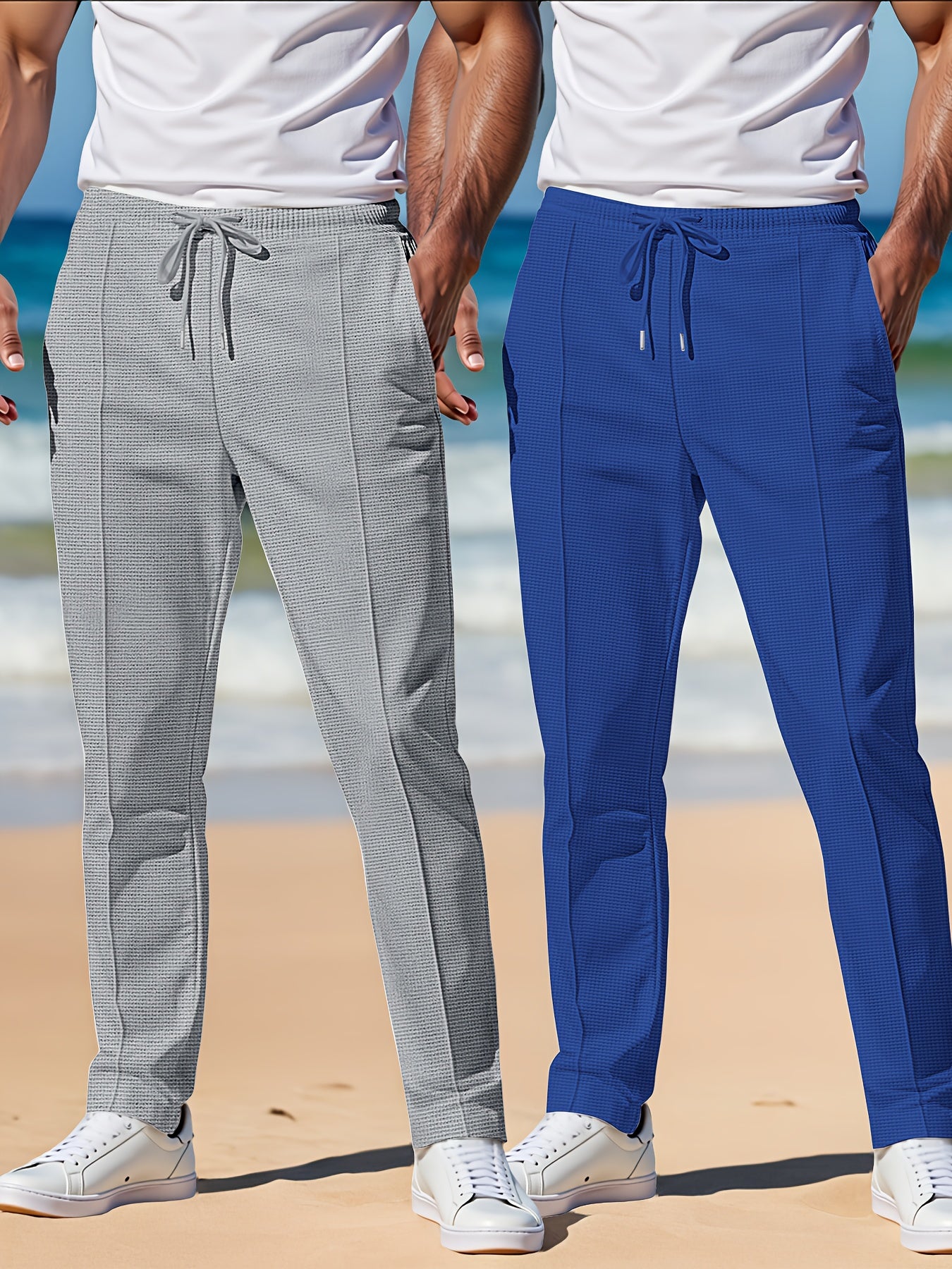 Joggers en tricot gaufré pour homme (2 pièces) – taille élastique avec cordon, pantalons légers et respirants, gris et bleu marine, idéals plage, running, extérieur et usage quotidien