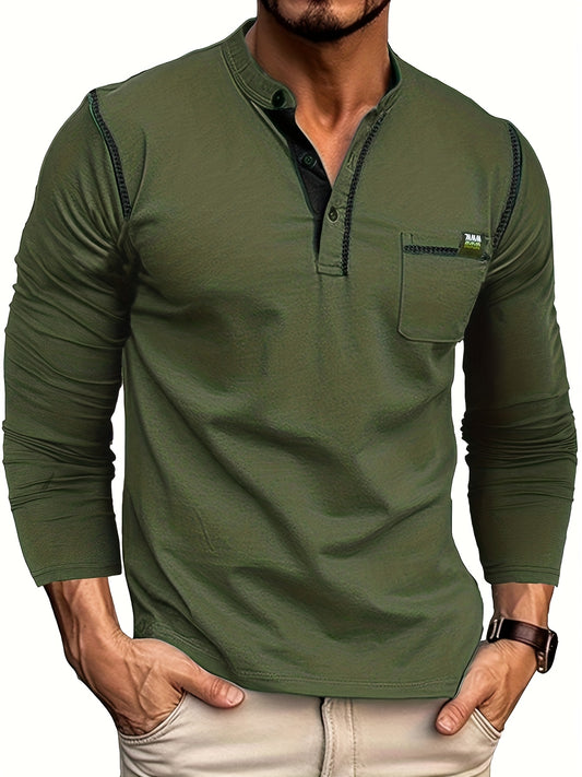 Men'S Oversized Pocket T-Shirt - & Brown Color Block Long Sleeve Shirt with Chest Pocket, Casual Sporty Fit for Spring/Fall, Regular Fit Round Neck Tee for Men, Plus Size, Spring Fall Apparel