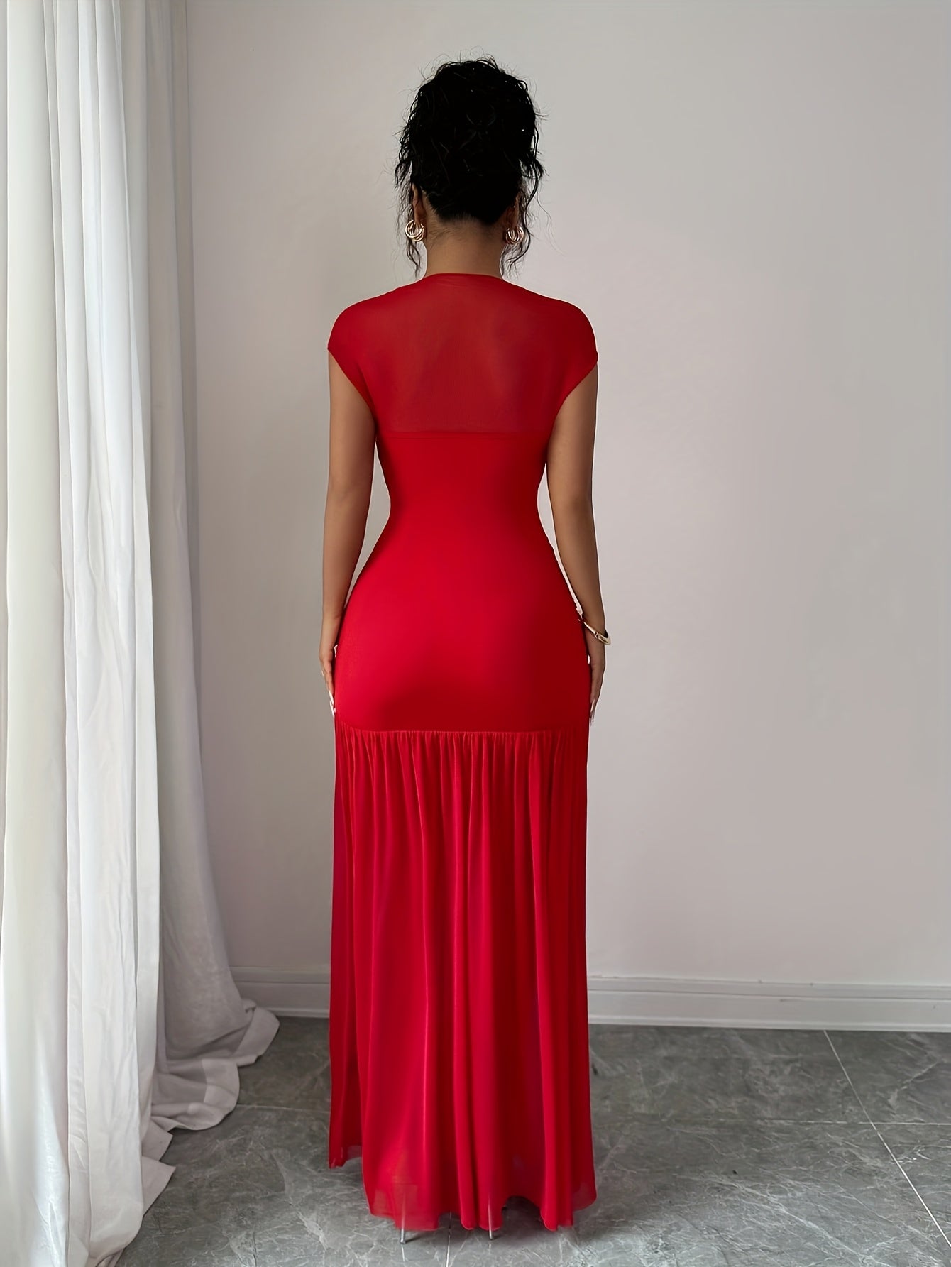 Robe Femme Élégante Sirène — Col Haut, Coupe A-Line Longue, Dos en Tulle Transparent, Robe Extensible Rouge pour Mariages, Soirées et Prom, Lavable en Machine, Tenue Formelle pour Femmes