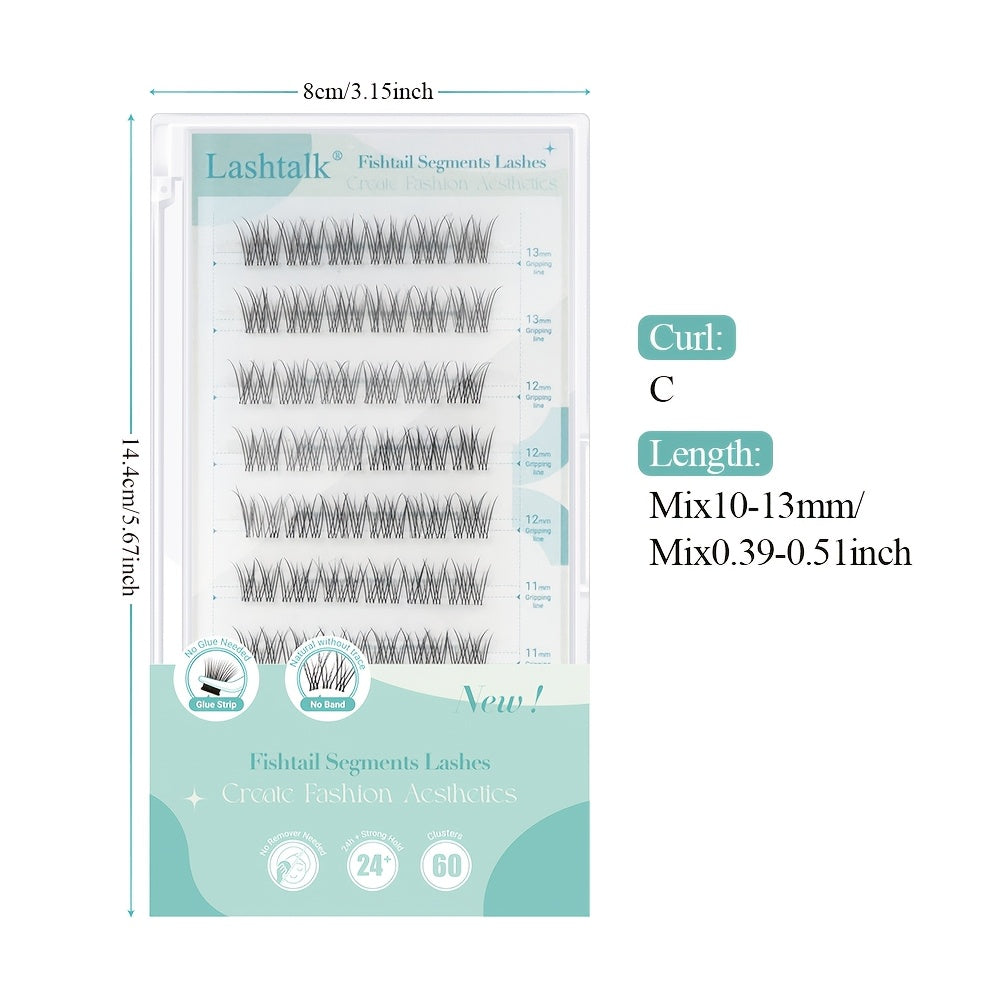 Extensions de Cils– 60 Clusters Auto-Adhésifs, Bandes Transparentes, Segments Fishtail, Style Anime Naturel et Doux, Pas de Colle Nécessaire, Cils Pré-Collés, Curl C, Look Fluffy, Idéal Débutants