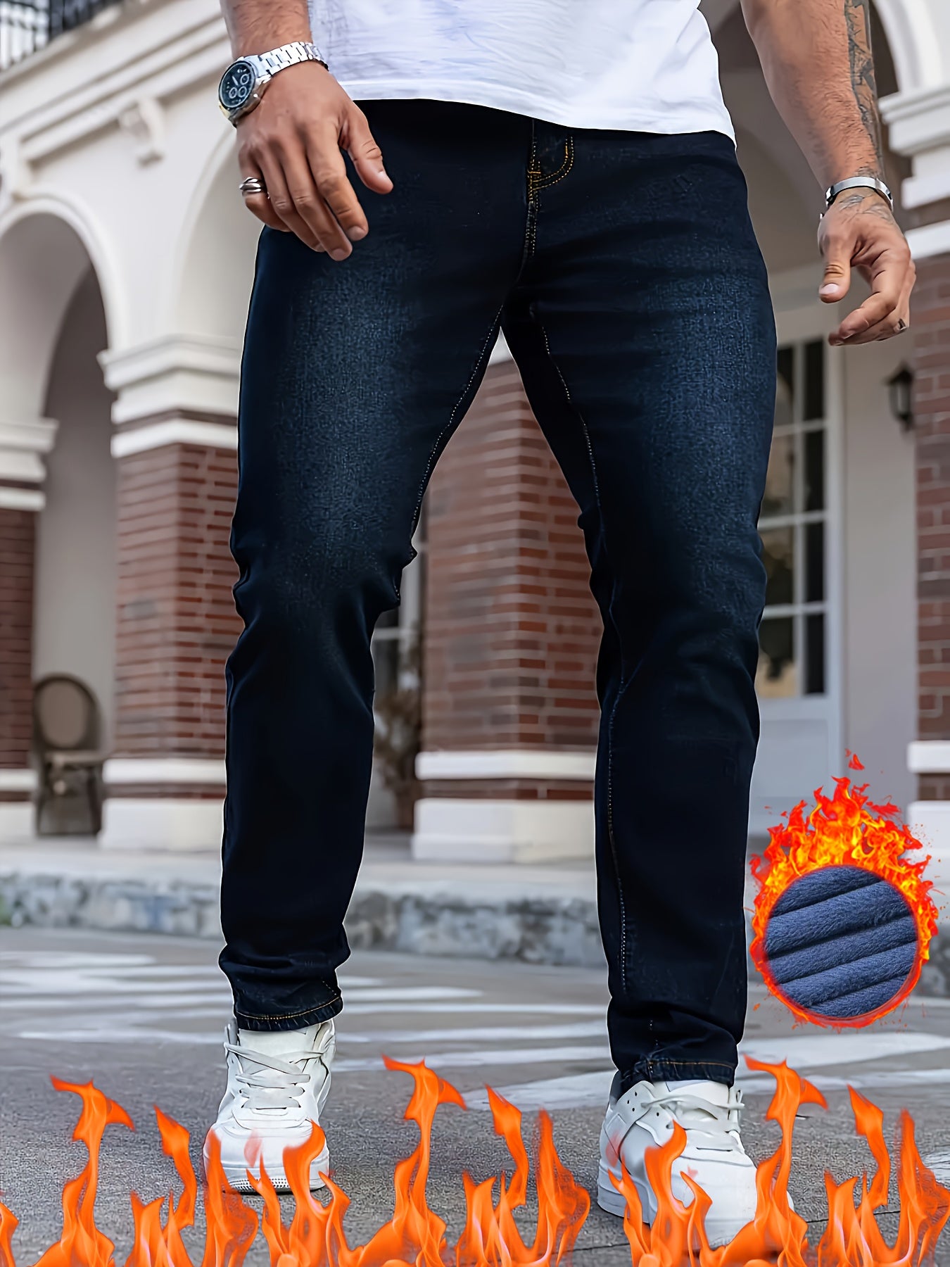 Pantalon classique pour homme automne/hiver – coupe slim, doublure polaire, tissu extensible, bleu foncé