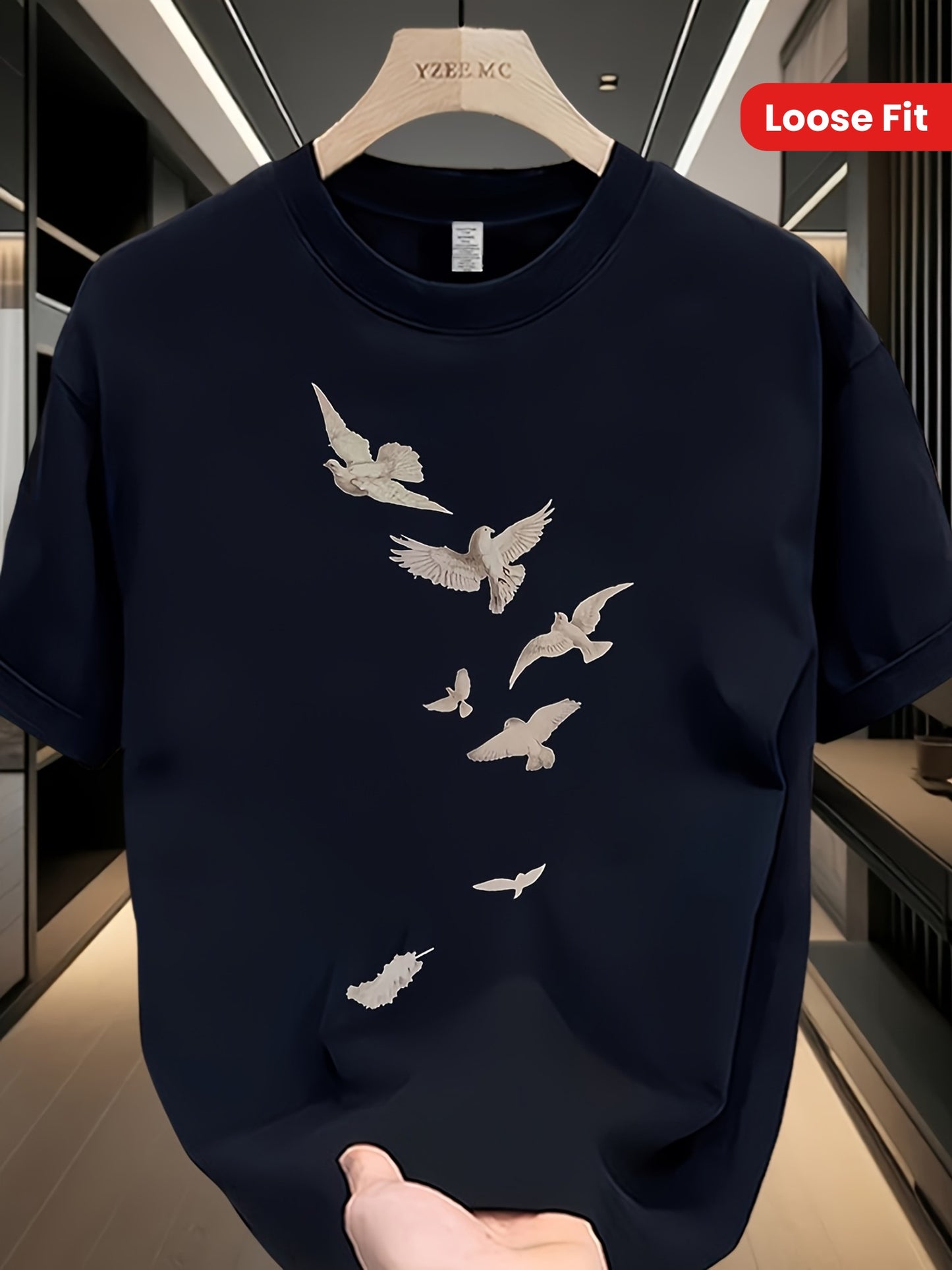 Men's Heavyweight 100% Cotton Oversized T-Shirt with White & Brown Bird Print - Summer Casual Round Neck Short Sleeve Relaxed Fit Large Size Breathable Casual Attire, Versatile Layering Essential for Men (Machine Washable) -