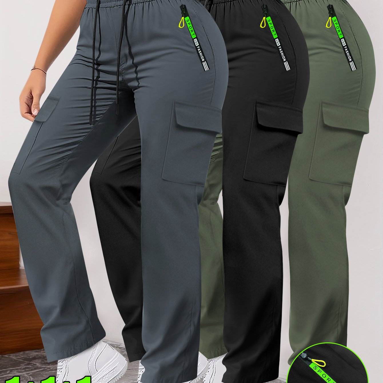 Lot de 3 Pantalons Femme– Poches Zippées et Cargo, Robustes, Sans Extensibilité, Printemps/Automne