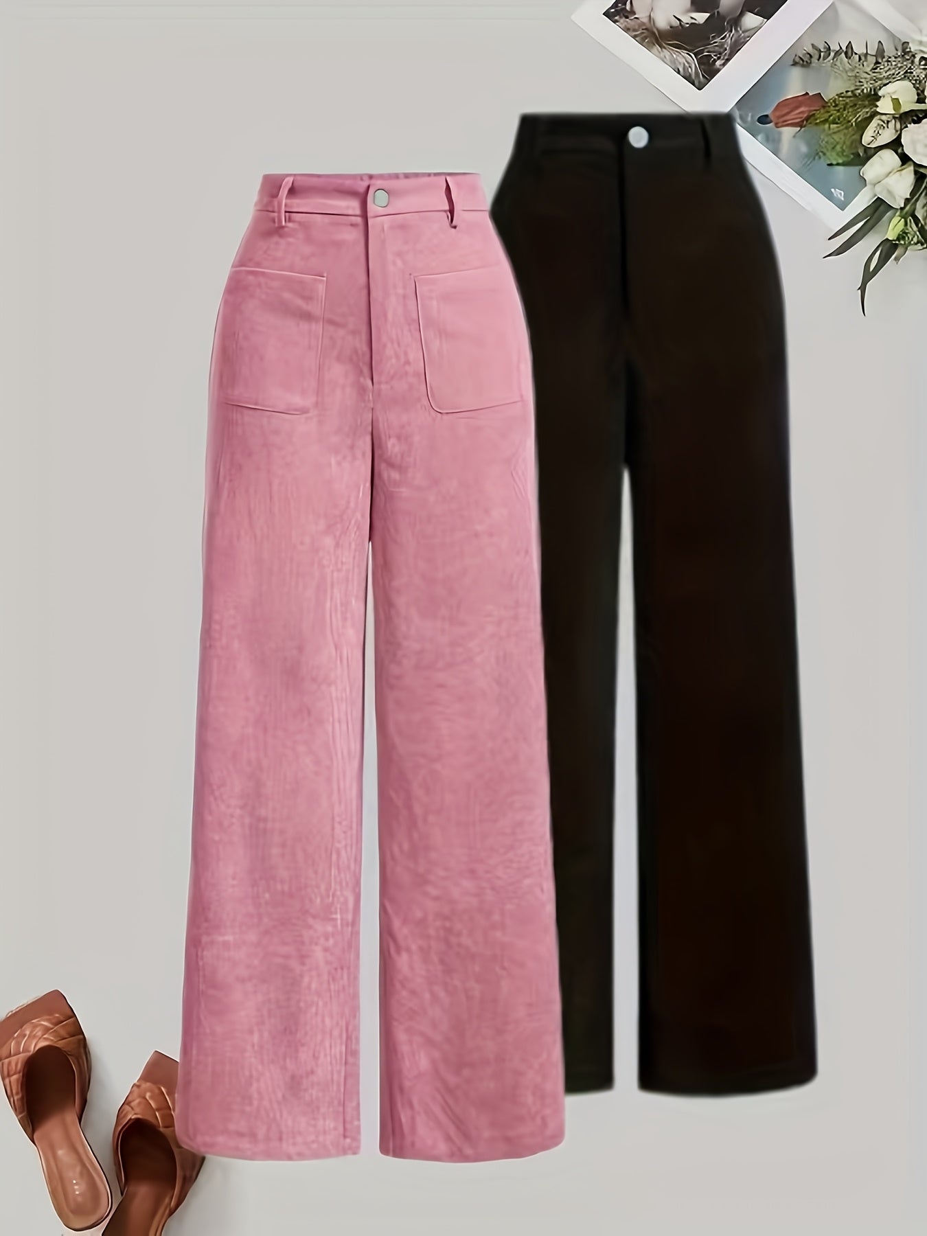 Lot de 2 Pantalons Femme Élégants – Taille Haute, Jambe Droite, Bureau et Décontracté, Confortables et Polyvalents