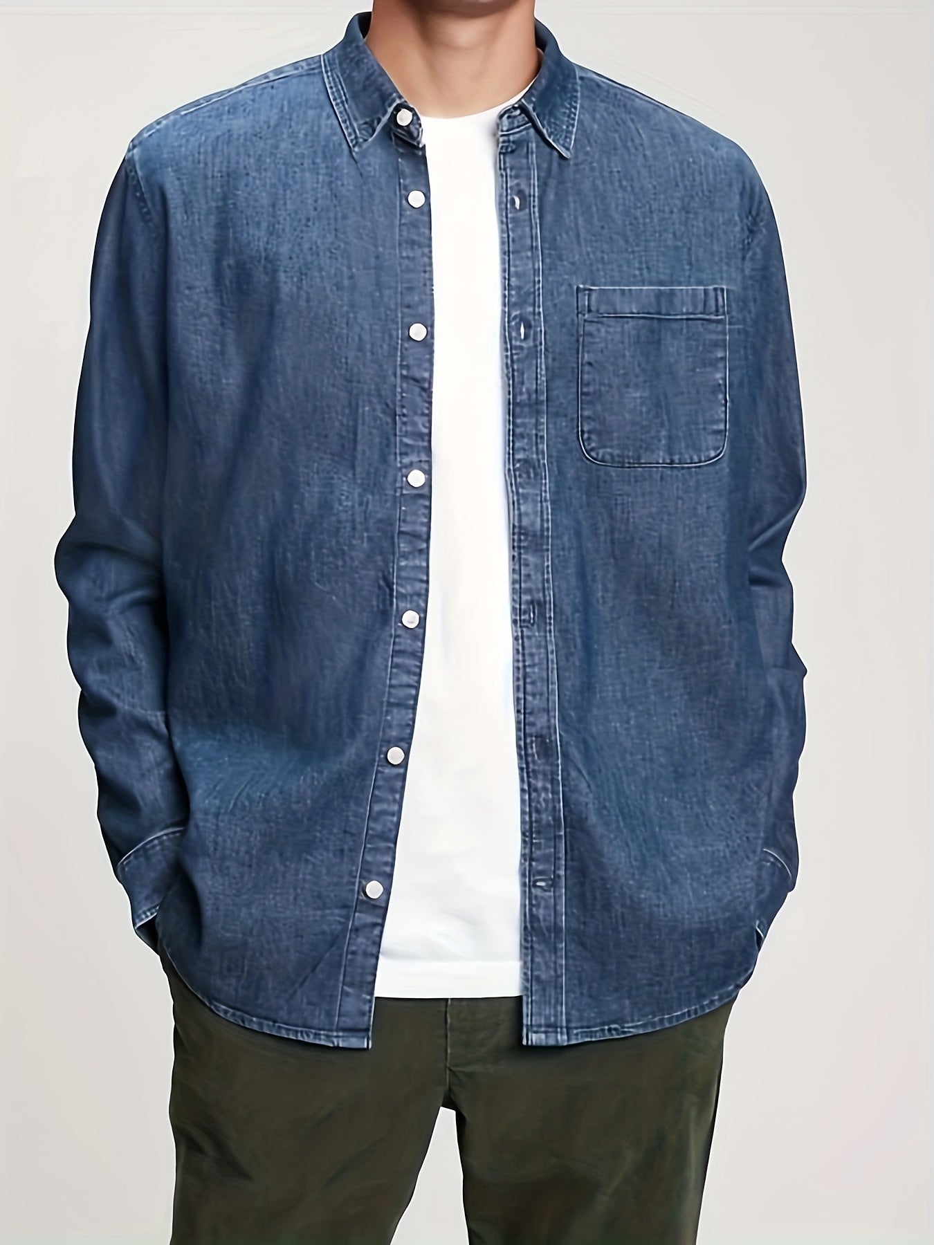 Plus Size Men's Solid Denim Shirt For Spring Fall, Casual Fashion Long Sleeve Shirt