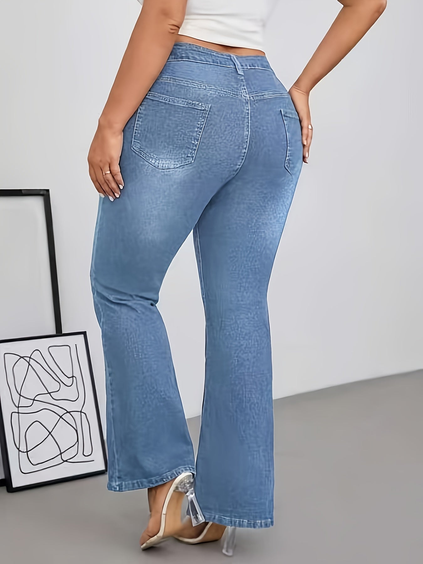 Jeans Femme Grande Taille Taille Haute Évasé Extensible Bleu Poches Obliques Boutons Toute Saison Élégant Décontracté et Formel
