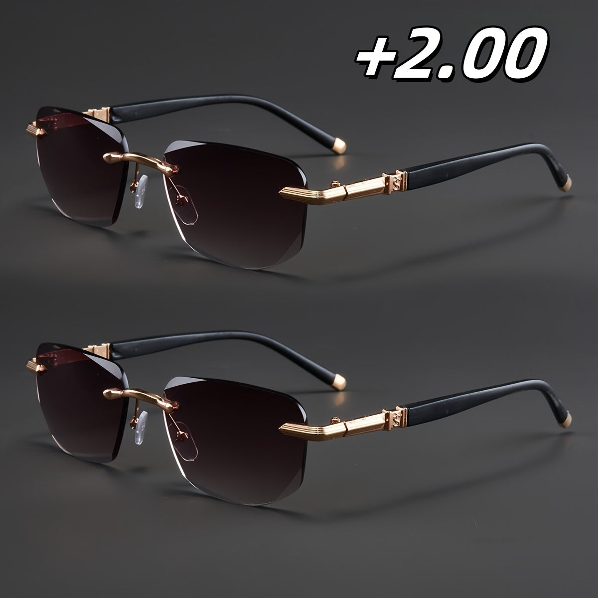 Two Pairs, Bundled Set, Stylish, Men'S, Exquisite, Luxurious, Rimless, Beveled Edge, Reading Glasses, Metal Frame, Options: 100, 150, 200, 250, 300, 350, And 400 Degrees, Without Battery, Christmas Gifts