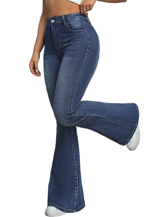 Jean Femme Évasé Bleu Décontracté Fermeture Zip Boutons