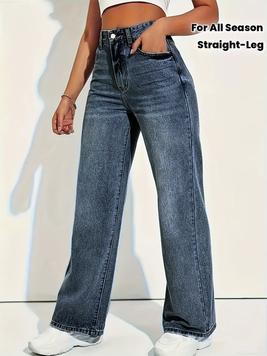 Pantalon Femme Jambe Droite Denim Extensible Bleu Poches Taille Sans Ceinture Slim Toute Saison Élégant Bureau et Décontracté