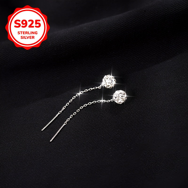 1 paire de boucles d’oreilles, argent sterling S925, plaqué argent ultra-brillant avec zirconia synthétique et zirconia cubique synthétique en forme de boule