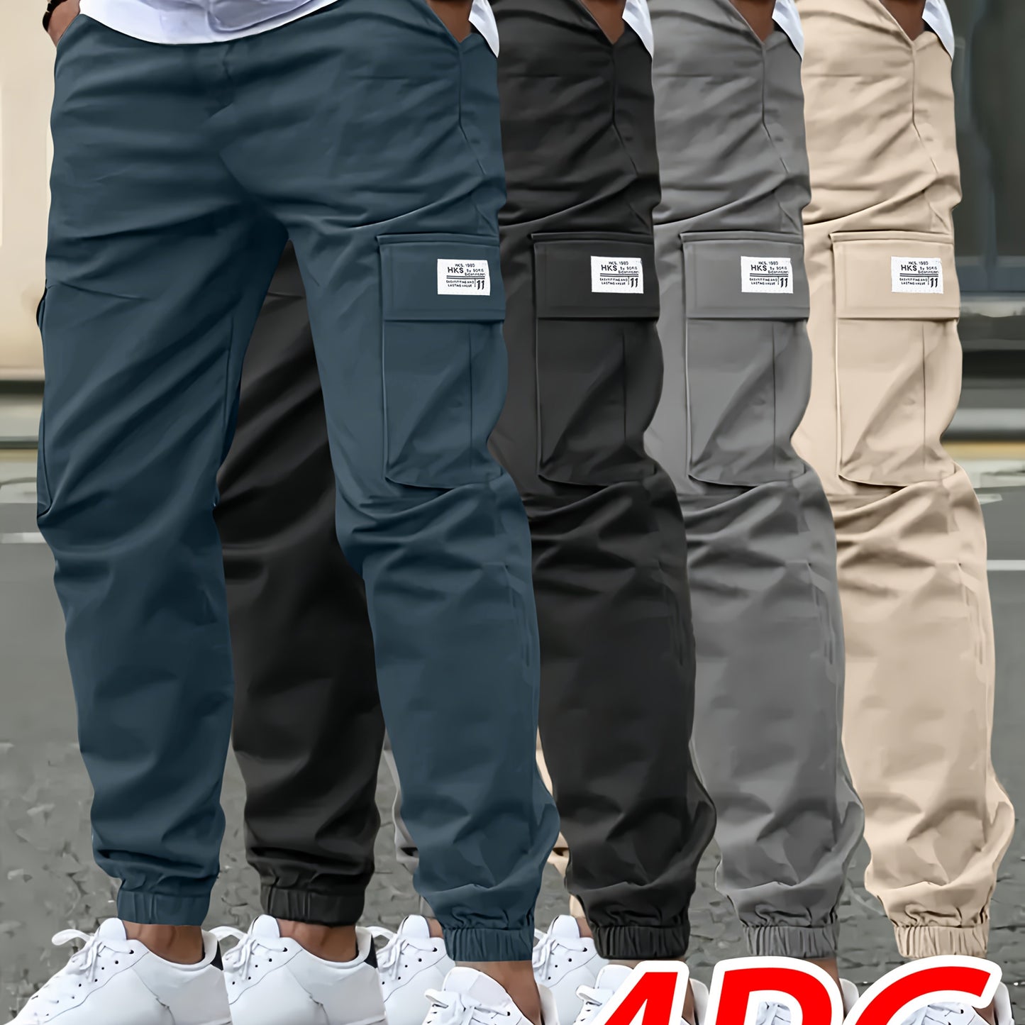 4pcs Pantalons Cargo Homme – Loose Fit, Cordon, Multipoches, Teal/Noir/Gris/Beige, Casual & Outdoor
