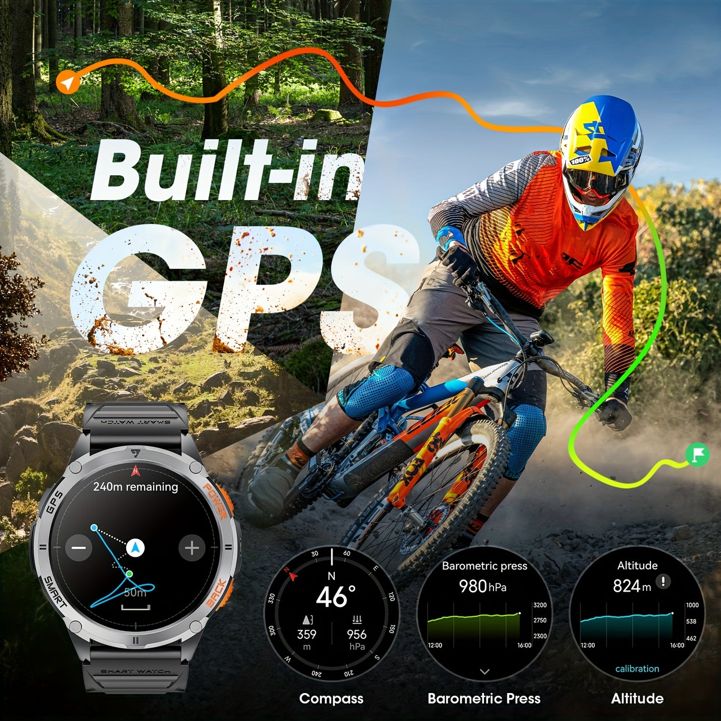 Montre Connectée GPS – Écran AMOLED 1,43", Grande Autonomie, Appels Sans Fil, Modes Sport, Lampe Torche LED, Smartwatch Outdoor Haute Précision