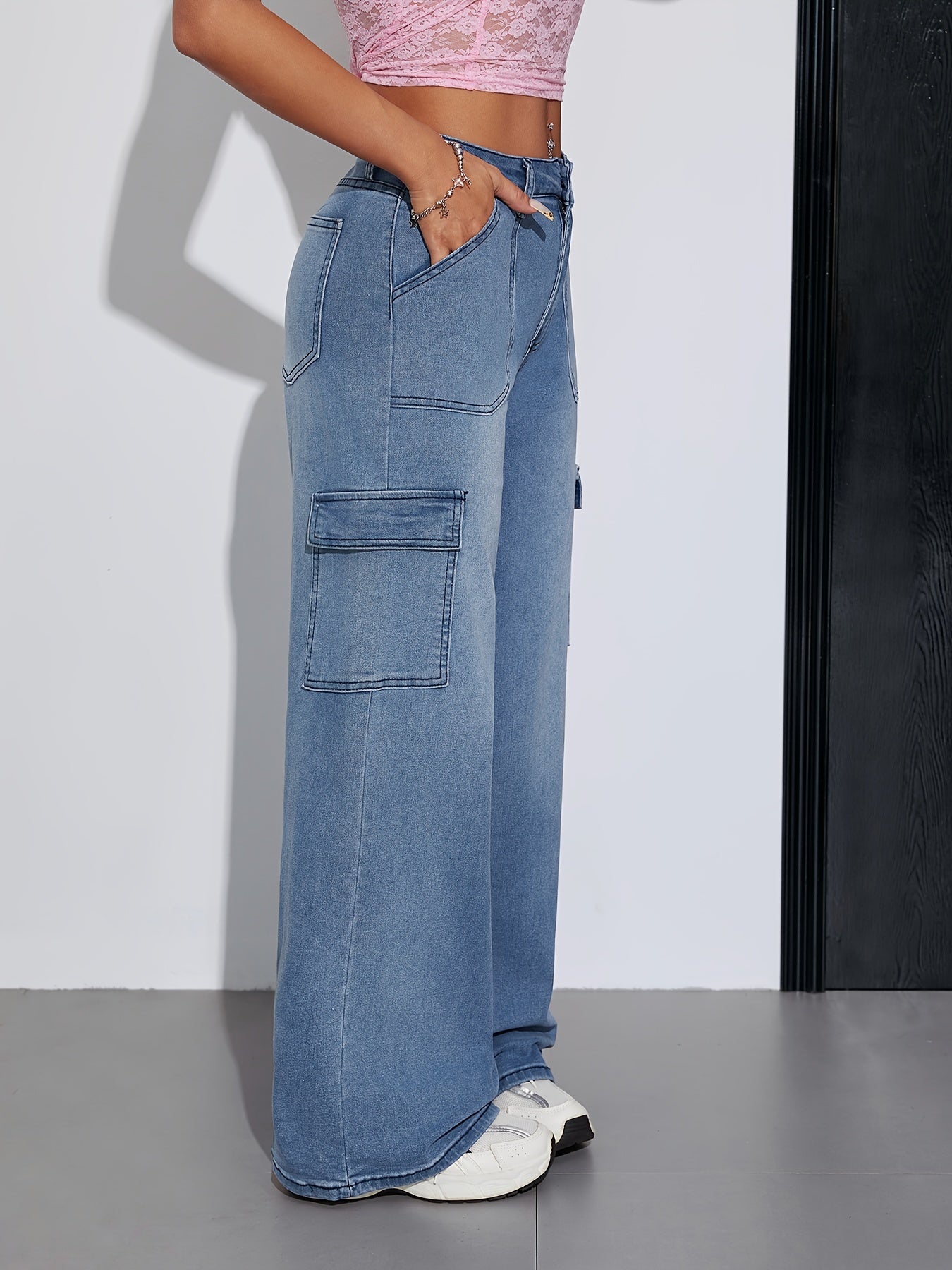 Jeans Cargo Femme Extensible Taille Mi-Haute Couleur Unie Boutons Lavable