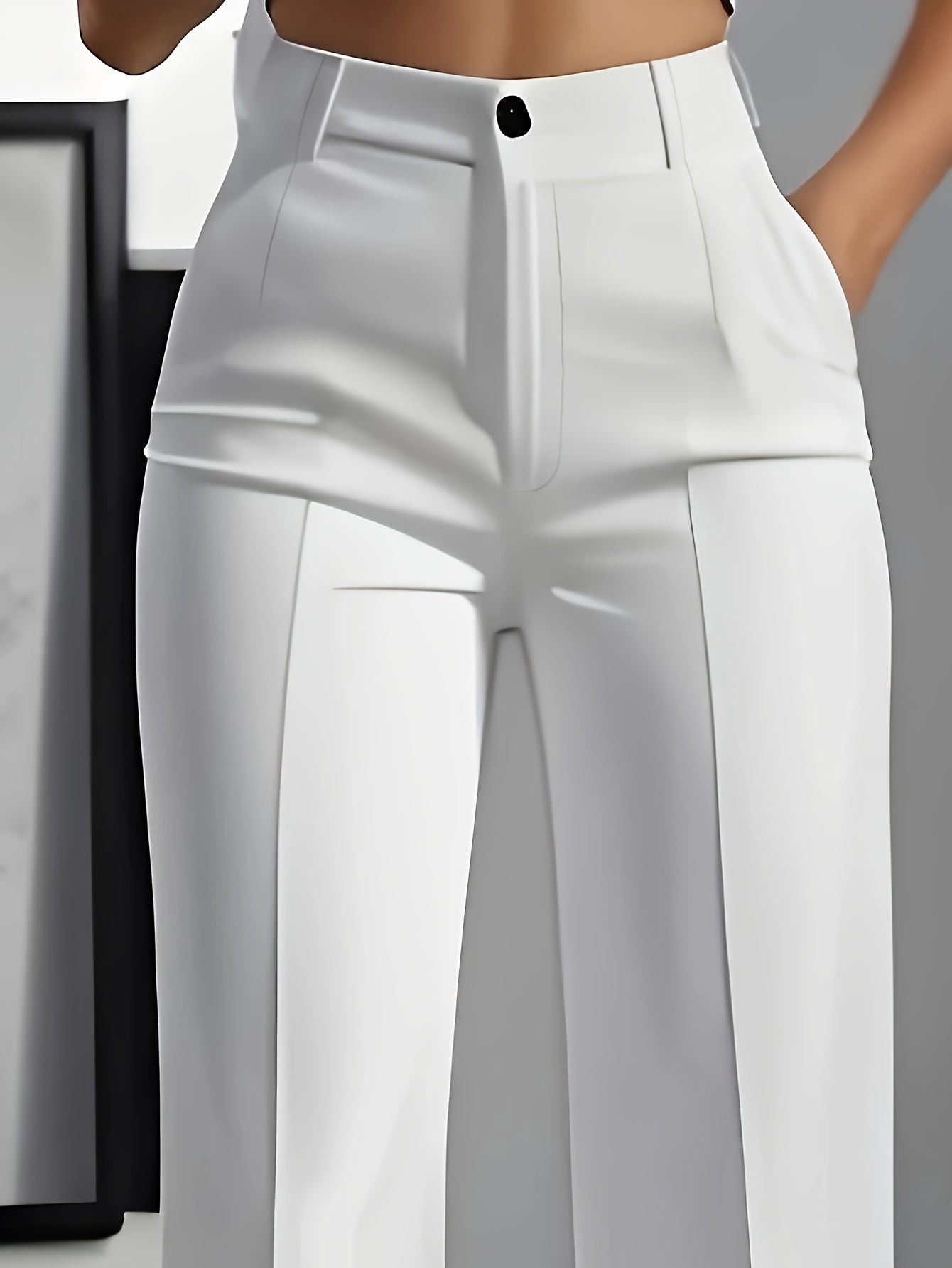 Pantalon Femme Élégant Blanc – Taille Haute, Boutons, Bureau et Décontracté, Tissu Non Extensible