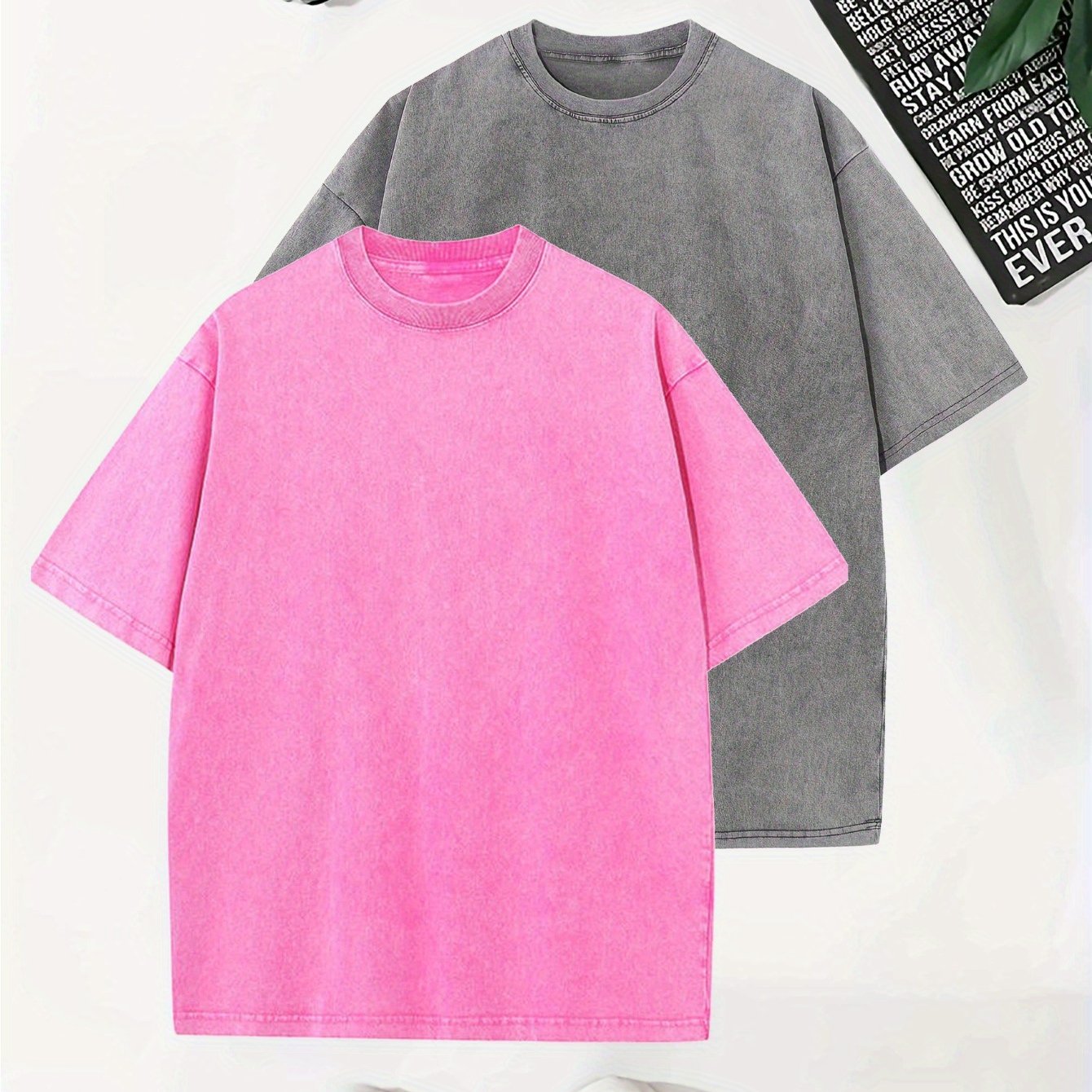 Set of 2 T-Shirts Made from Washed, Featuring a Vintage Heavy 100% Pure Fabric Weighing 240G, Designed in a Simple Retro Style for Casual Wear.