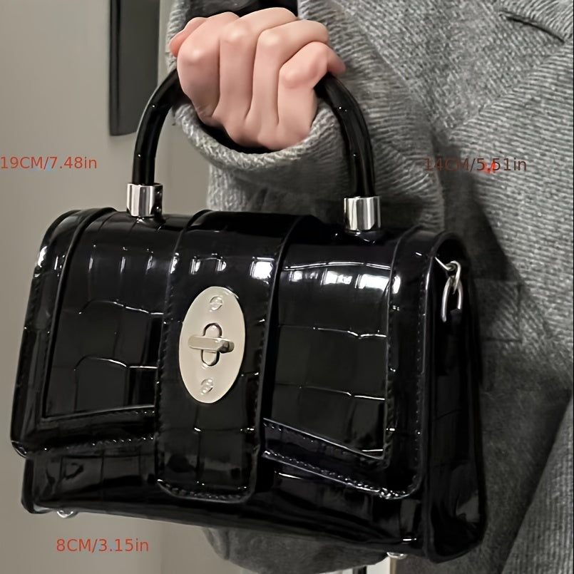 Sac à main effet crocodile brillant pour femme, bandoulière chaîne amovible, fermeture dorée, petit sac à main léger et durable, noir