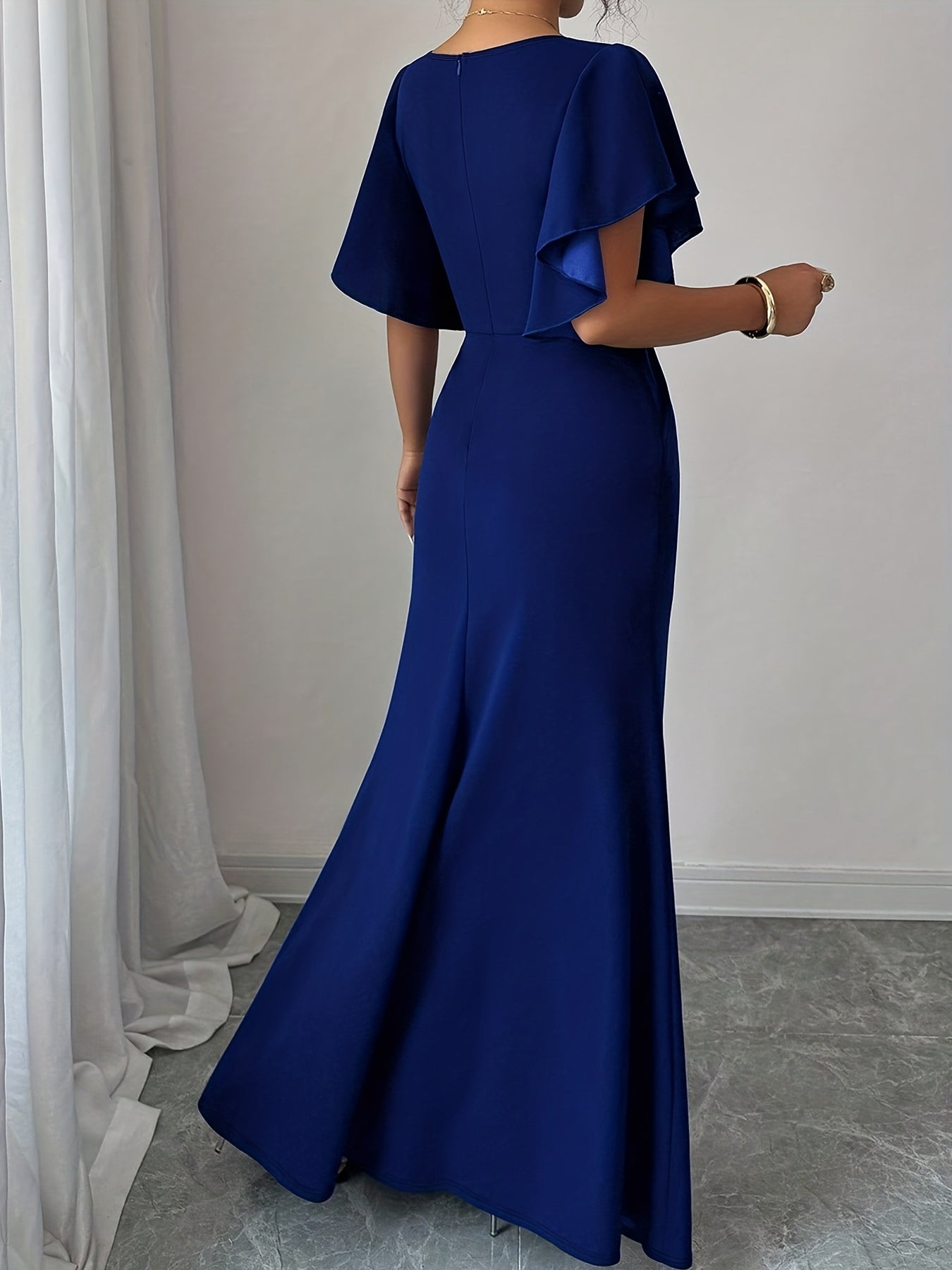 Elegant Solid Color Women'S Dress with a Fitted Waist And Split Hem in Royal Blue, Long Autumn Dress for Women WJ493