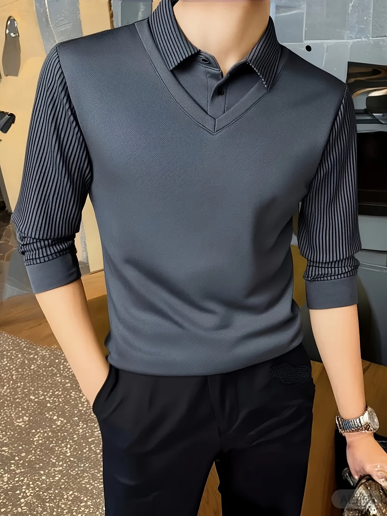 Men'S Two-in-One Long Sleeve T-Shirt - Navy & Striped Patchwork Collar Shirt, Button-Up Front, Breathable Fabric, Regular Fit for Business & Casual Wear, Versatile Clothing | Classic Collar Shirt | Stylish Contrast Design