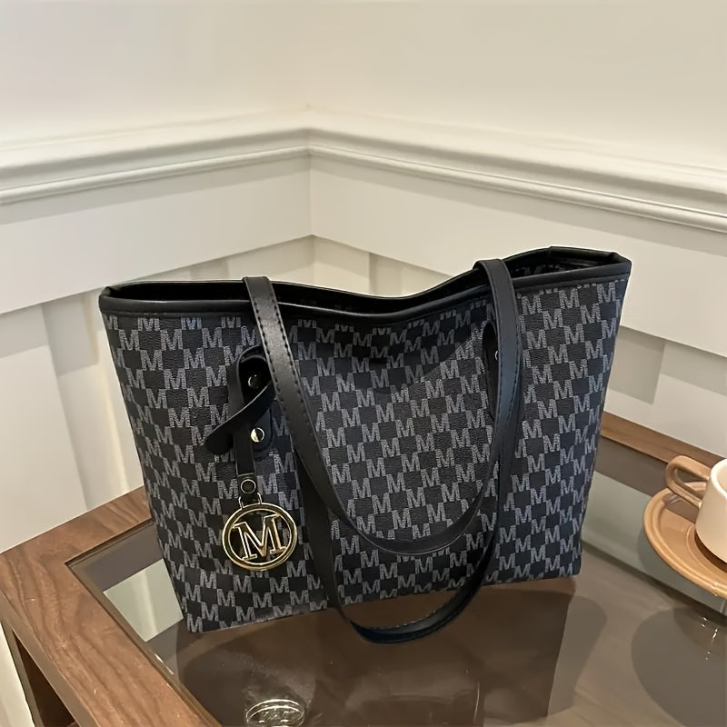 Sac à Main Femme Élégant– Sac Cabas avec Bandoulière Chaîne Dorée et Logo « M », Cuir Synthétique, Motif Pied-de-Poule en Marron Clair/Blanc/Noir, Fermeture Éclair, Doublure en Polyester