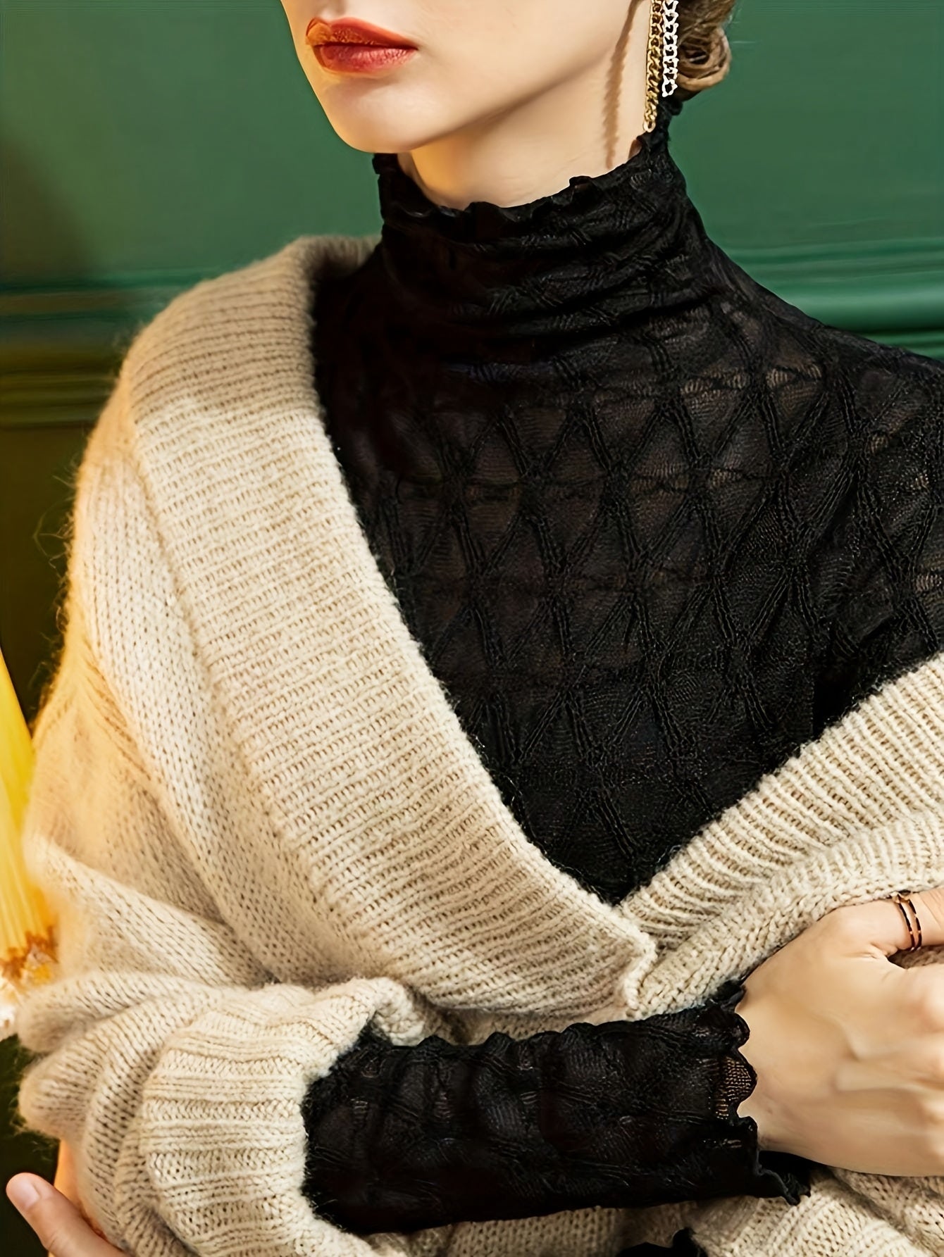 Haut col montant manches longues pour femme, noir semi-transparent, slim, élégant, manches longues, lavable en machine