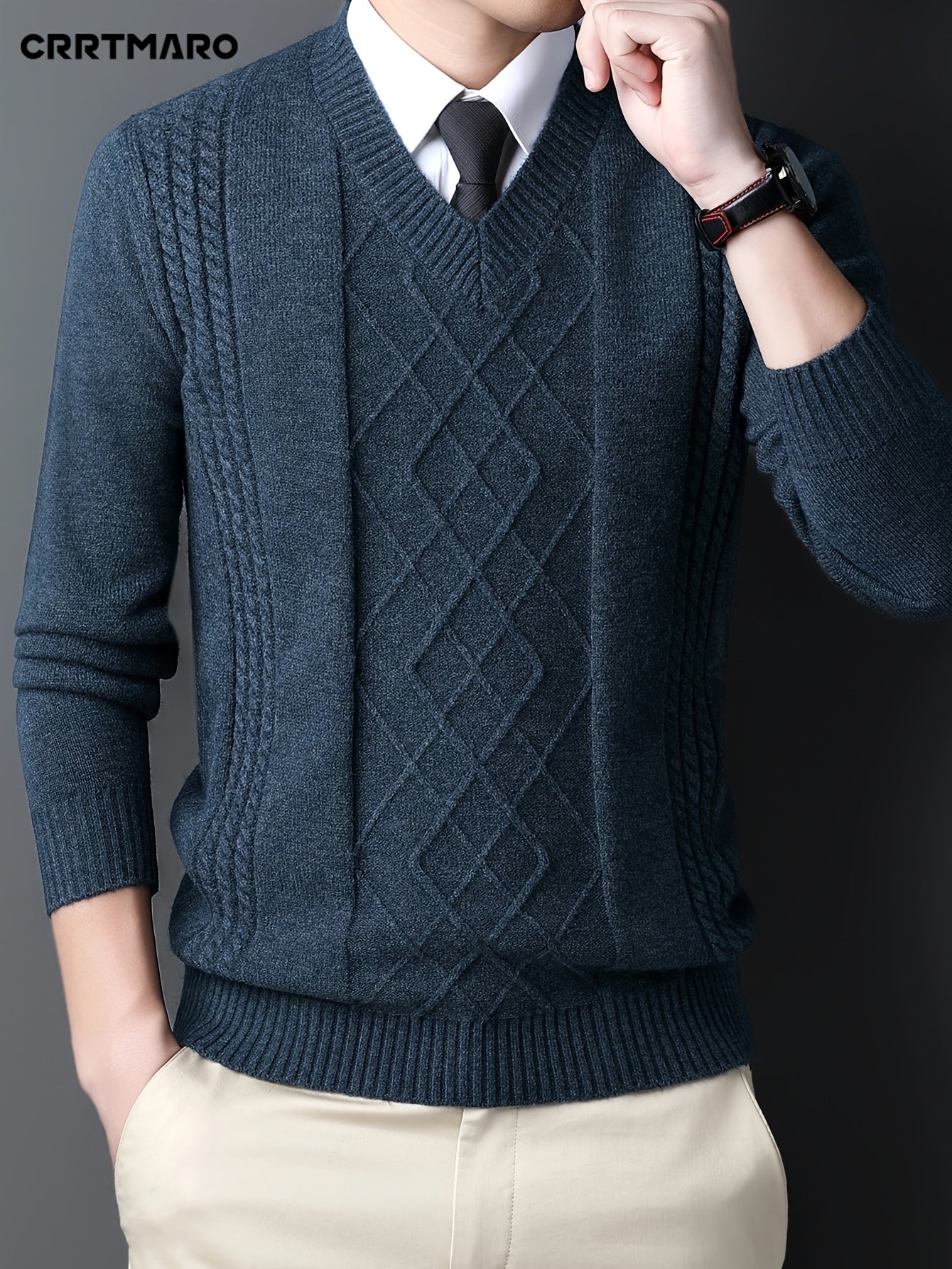 New Men's Knit Sweater with Twisted Floral V-Neck Long Sleeve Casual Top