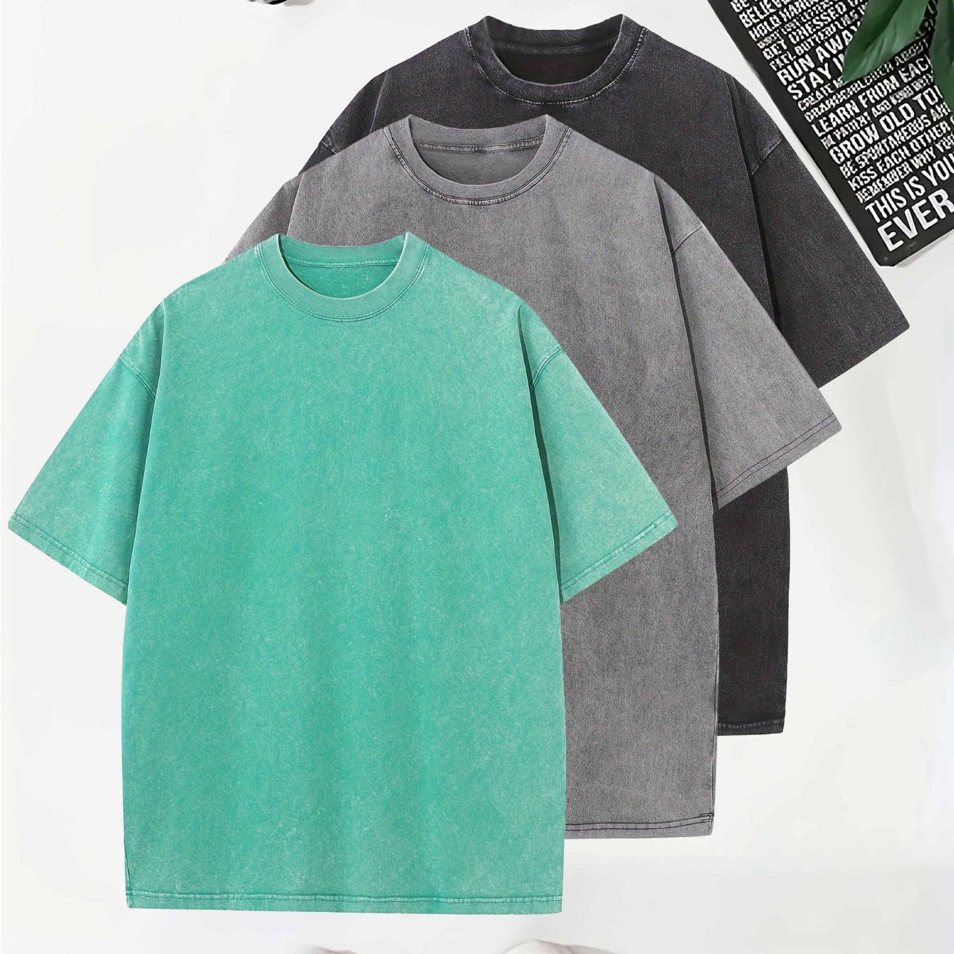 Temujin Starry 3pcs Washed Cotton Distressed 100% Pure 240g Crew Neck T Shirt, Simple and Fashionable