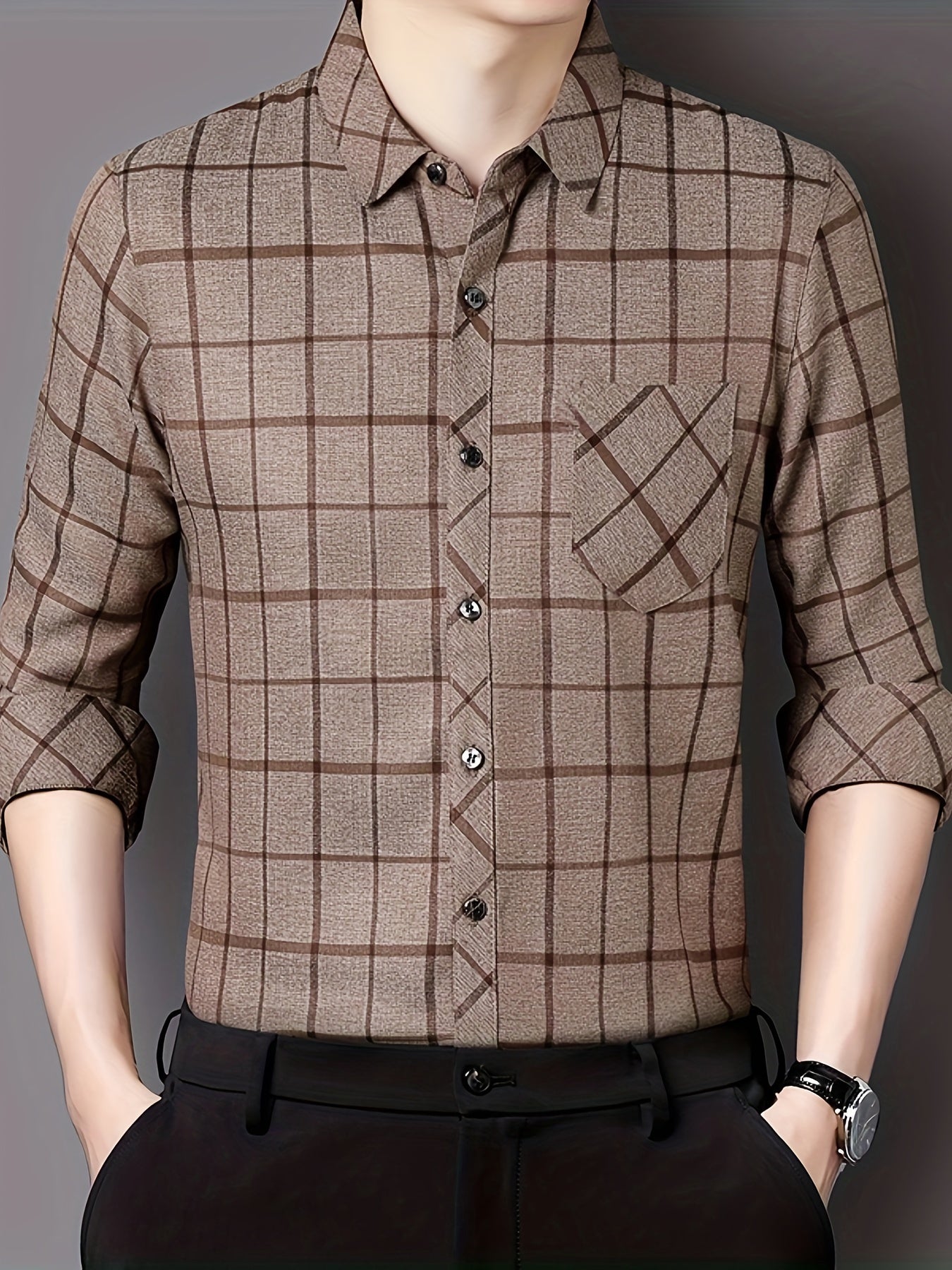 Men'S Long-Sleeve Checkered Shirt, Stylish And Casual, Perfect for Everyday Wear.