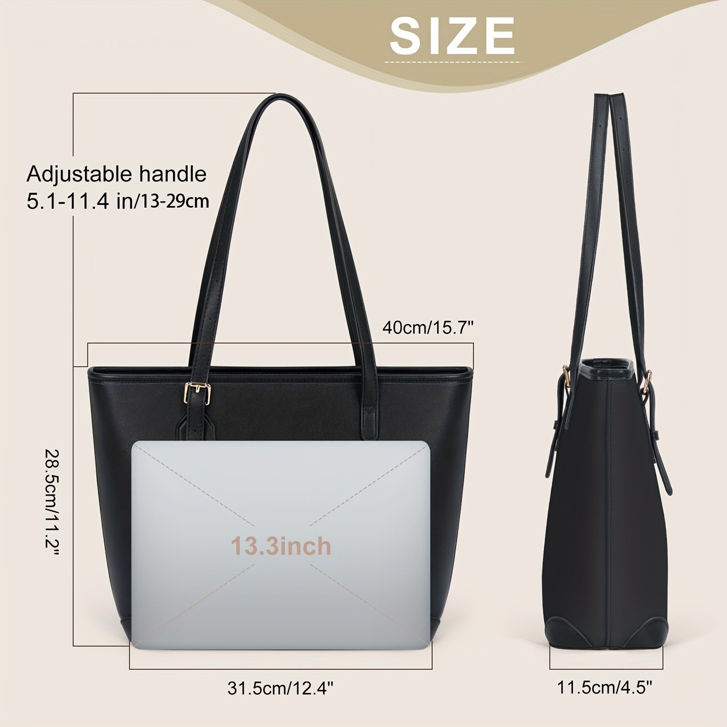 Sac cabas pour ordinateur portable femme en simili cuir – grande capacité avec compartiment tablette, léger et élégant, noir ou marron clair, parfait pour le travail et usage quotidien